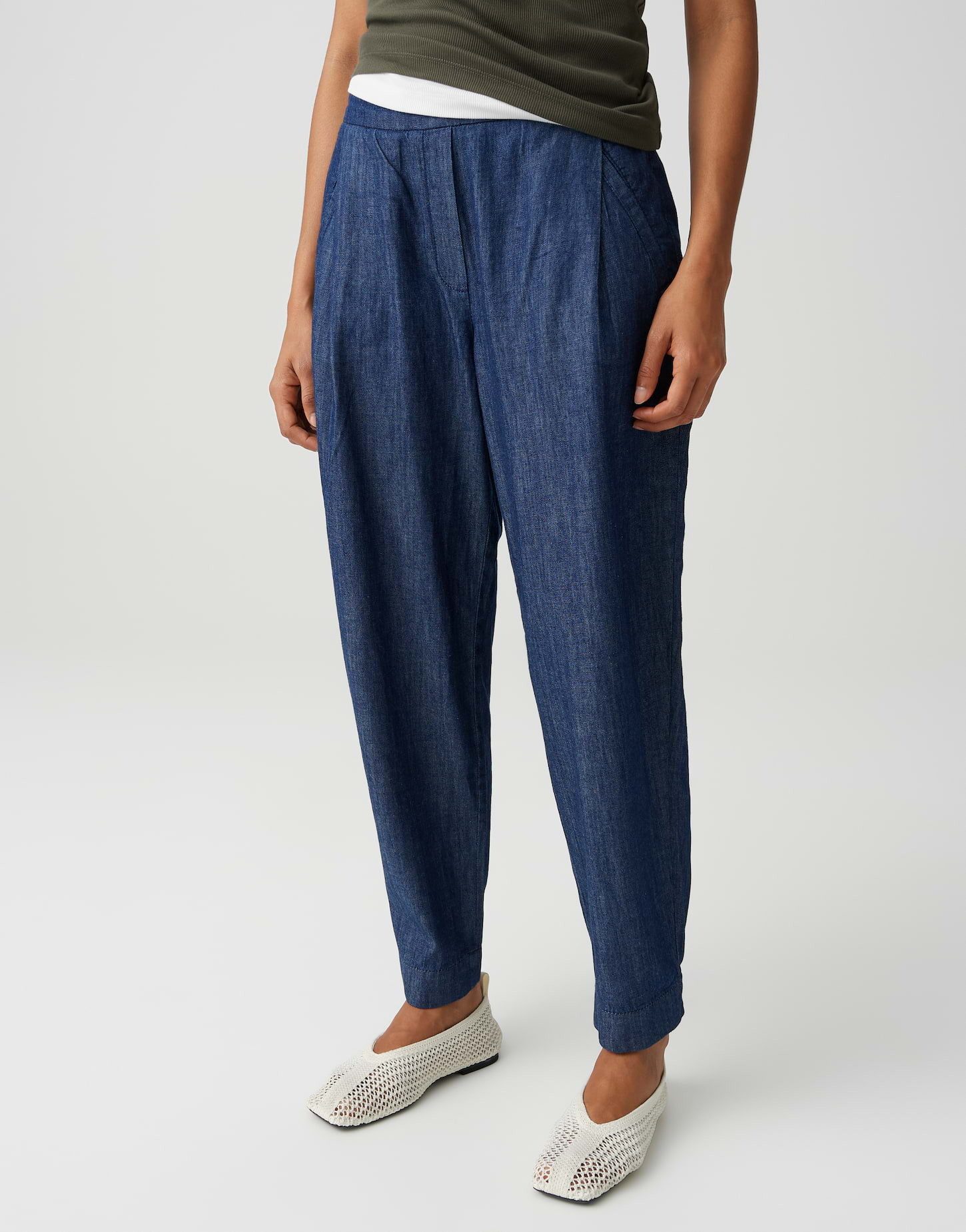 OPUS Stoffhose Myha coastal aus weichem Chambray Denim schräge Paspeltaschen, fließender Fall, weicher Griff, Casual