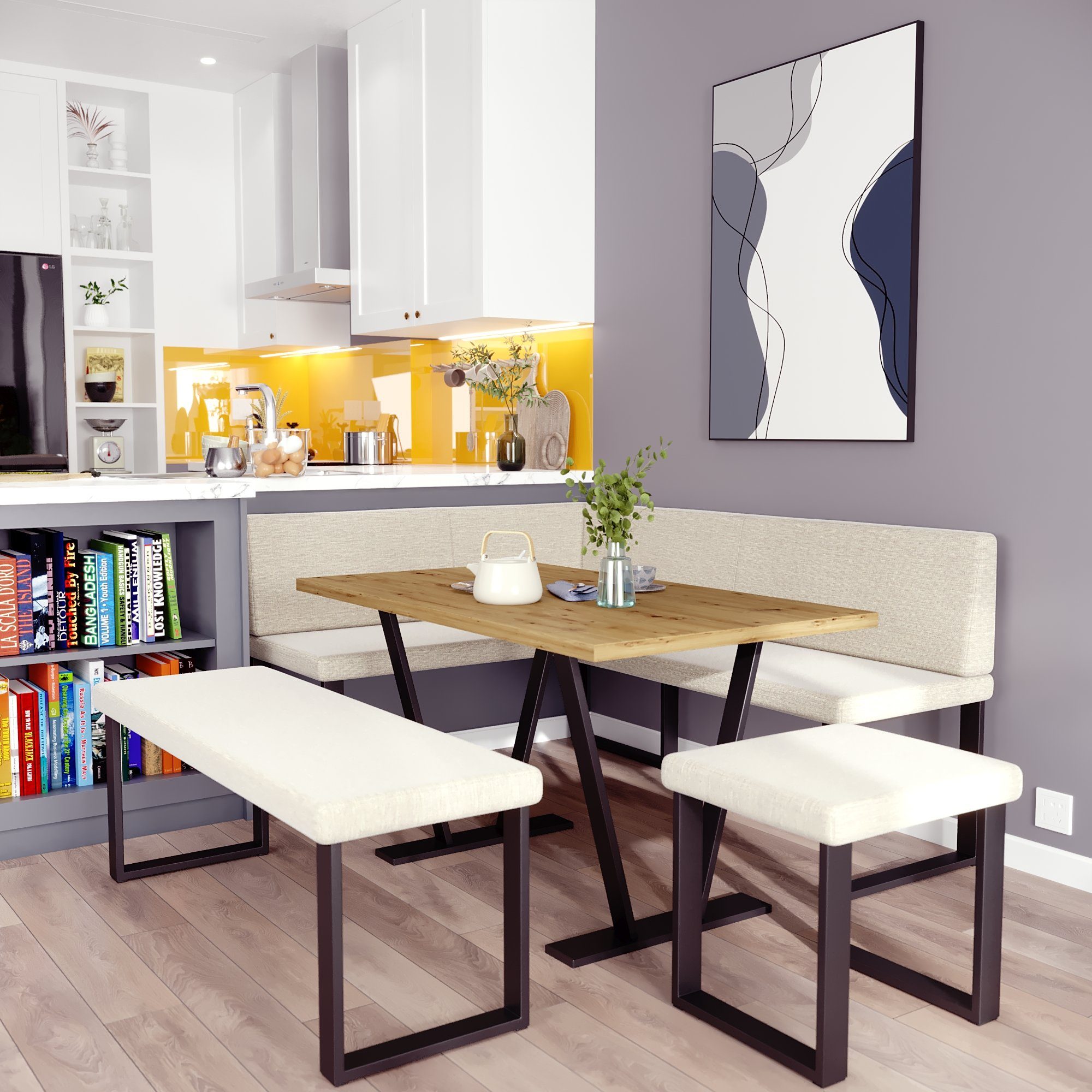 AN-MOEBEL4U Eckbankgruppe Eckbank ALINA Metall Set, (Eckbank mit Tisch, Sitzbank und Hocker), Tischplatte 32 mm, Farbe ARTISAN OAK, pulverbeschichtetes Metallprofil