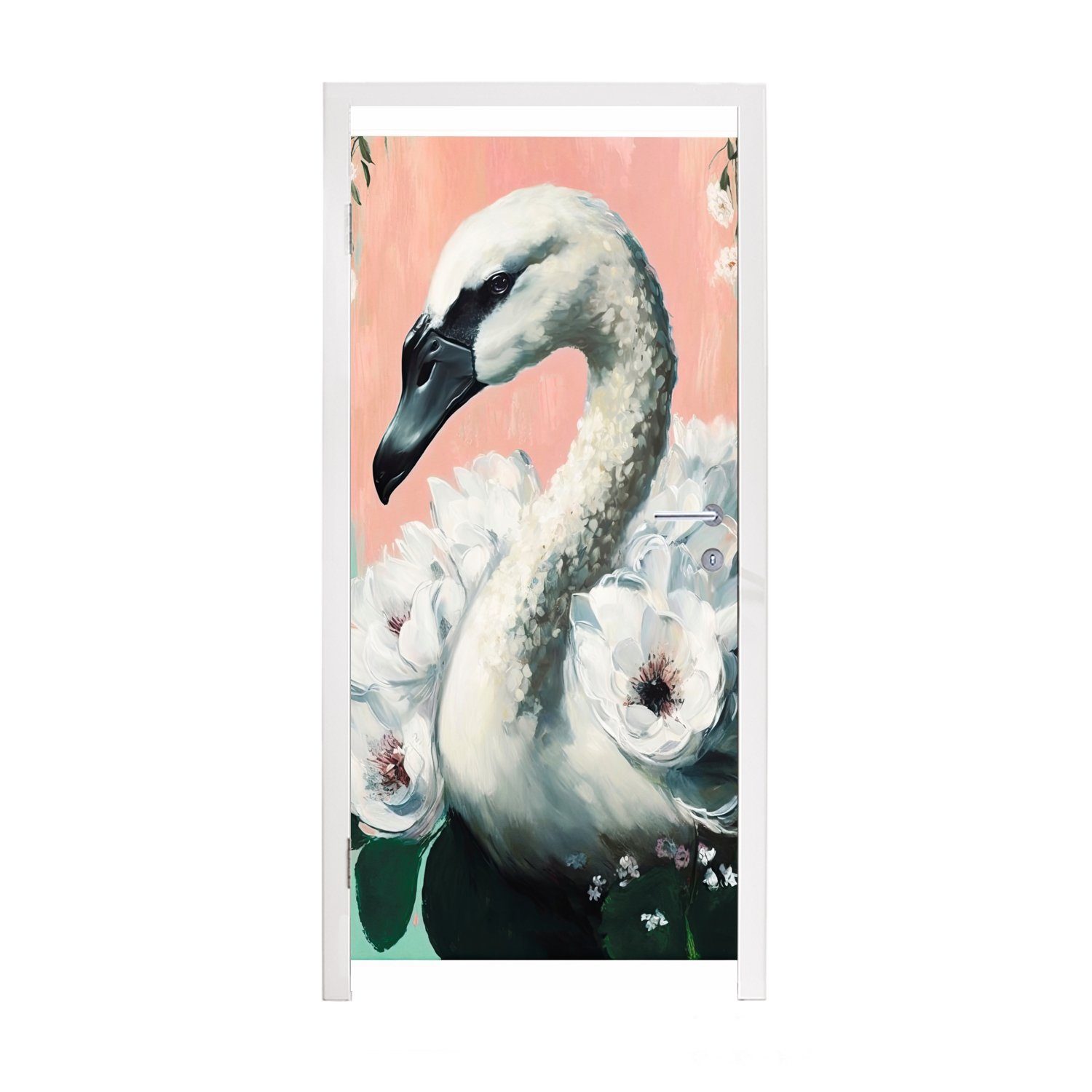 MuchoWow Türtapete Schwan - Tiere - Blumen - Pastell - Weiß, Matt, bedruckt, (1 St), Fototapete für Tür, Türaufkleber, 75x205 cm