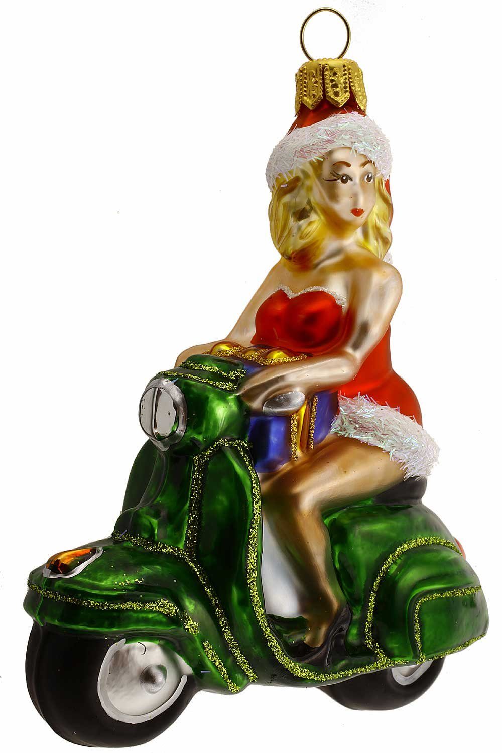 Hamburger Weihnachtskontor Dekohänger Ms. Santa auf Motorroller grün (Set), mundgeblasen - handdekoriert