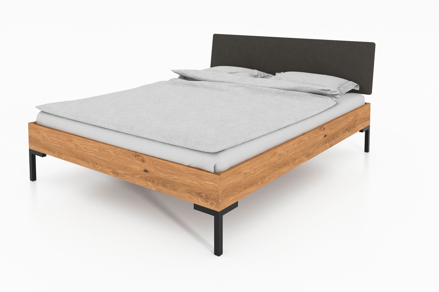 Natur24 Einzelbett Bett Seiba 1 Kernbuche 80x200 Polsterkopfteil Grau und Metallbeine