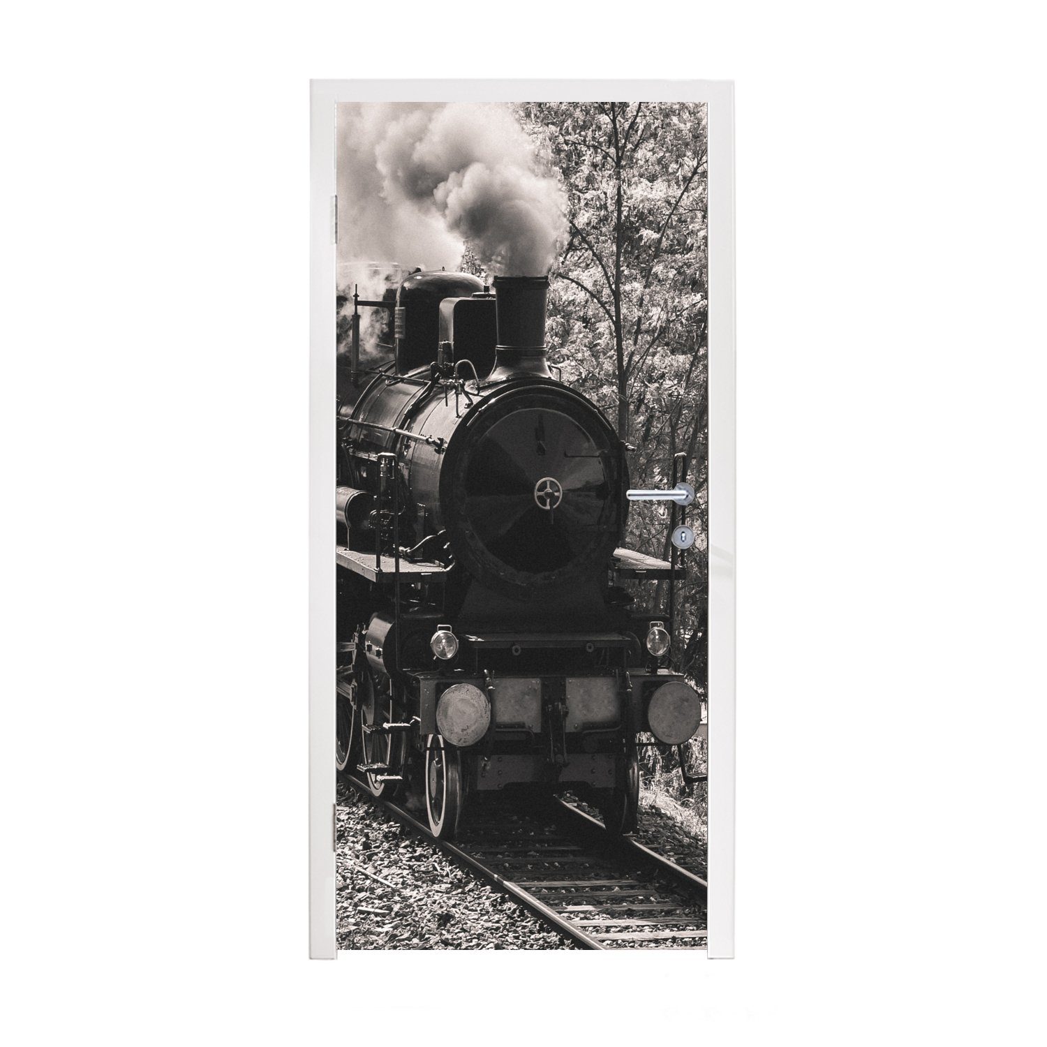 MuchoWow Türtapete Ein authentischer Dampfzug in Schwarz-Weiß, Matt, bedruckt, (1 St), Fototapete für Tür, Türaufkleber, 75x205 cm