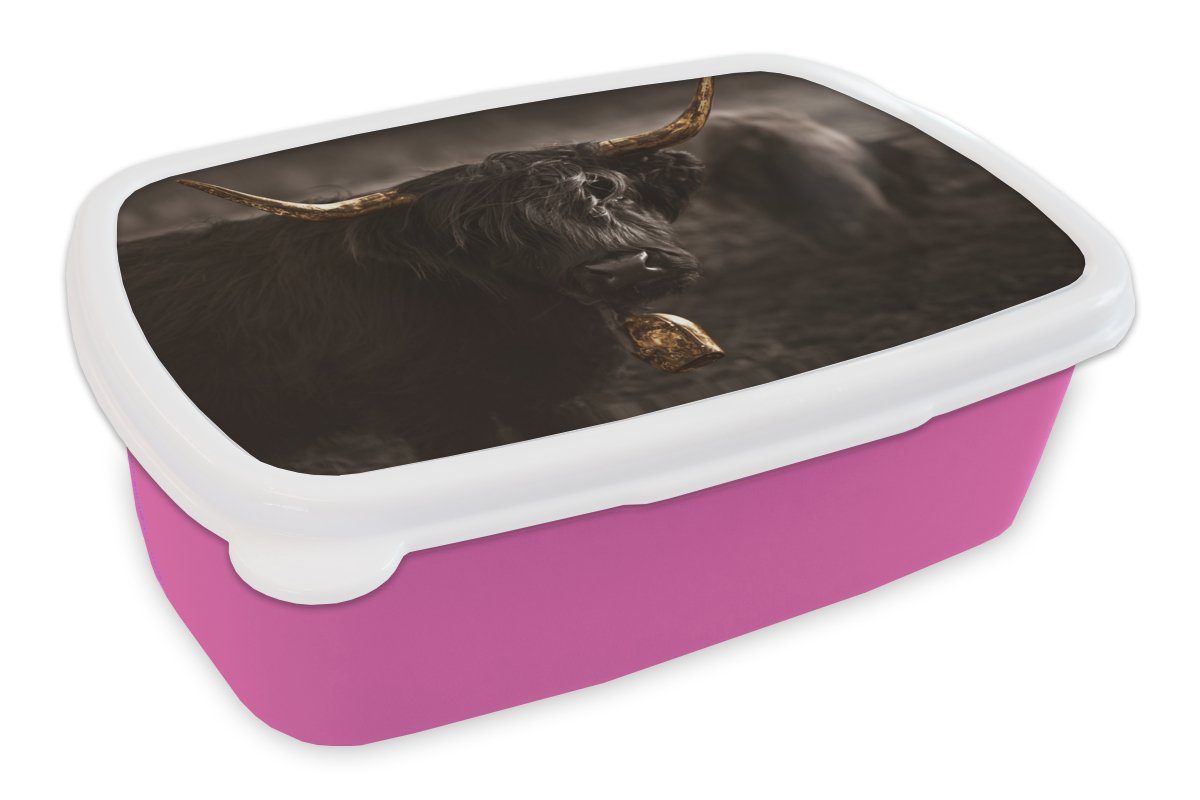 MuchoWow Lunchbox Scottish Highlander - Tier - Schwarz und weiß, Kunststoff, (2-tlg), Brotbox für Erwachsene, Brotdose Kinder, Snackbox, Mädchen, Kunststoff rosa
