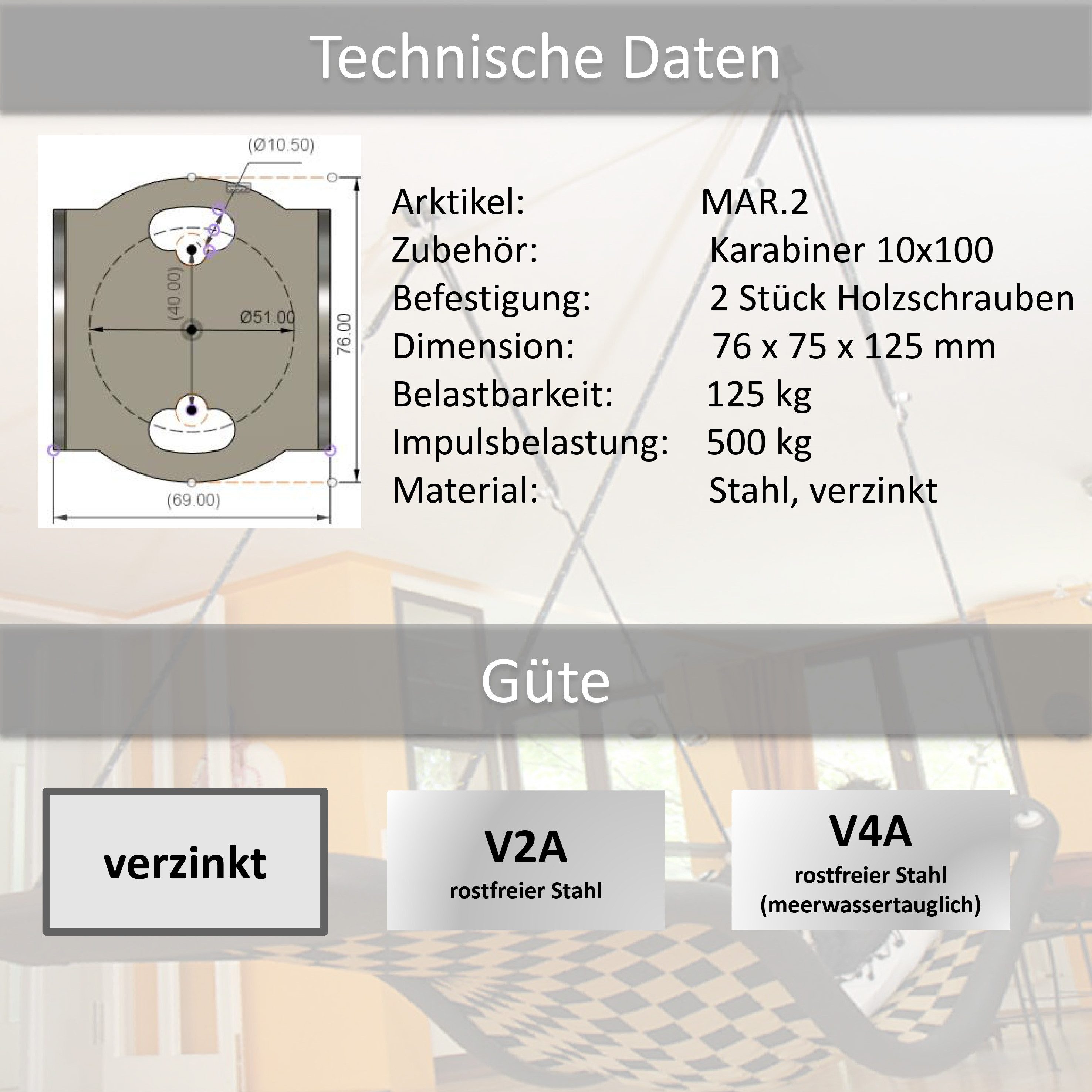 Marathon Schaukelhaken Rollengelenk verzinkt - Schaukelhaken mit Karabiner für Holz