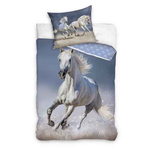 Bettwäsche Pferde 135x200 + 80x80 cm, 100 % Baumwolle, MTOnlinehandel, Renforcé, 2 teilig, Bettwäsche für Kinder und Erwachsene mit Pferdemotiv in blau und lila