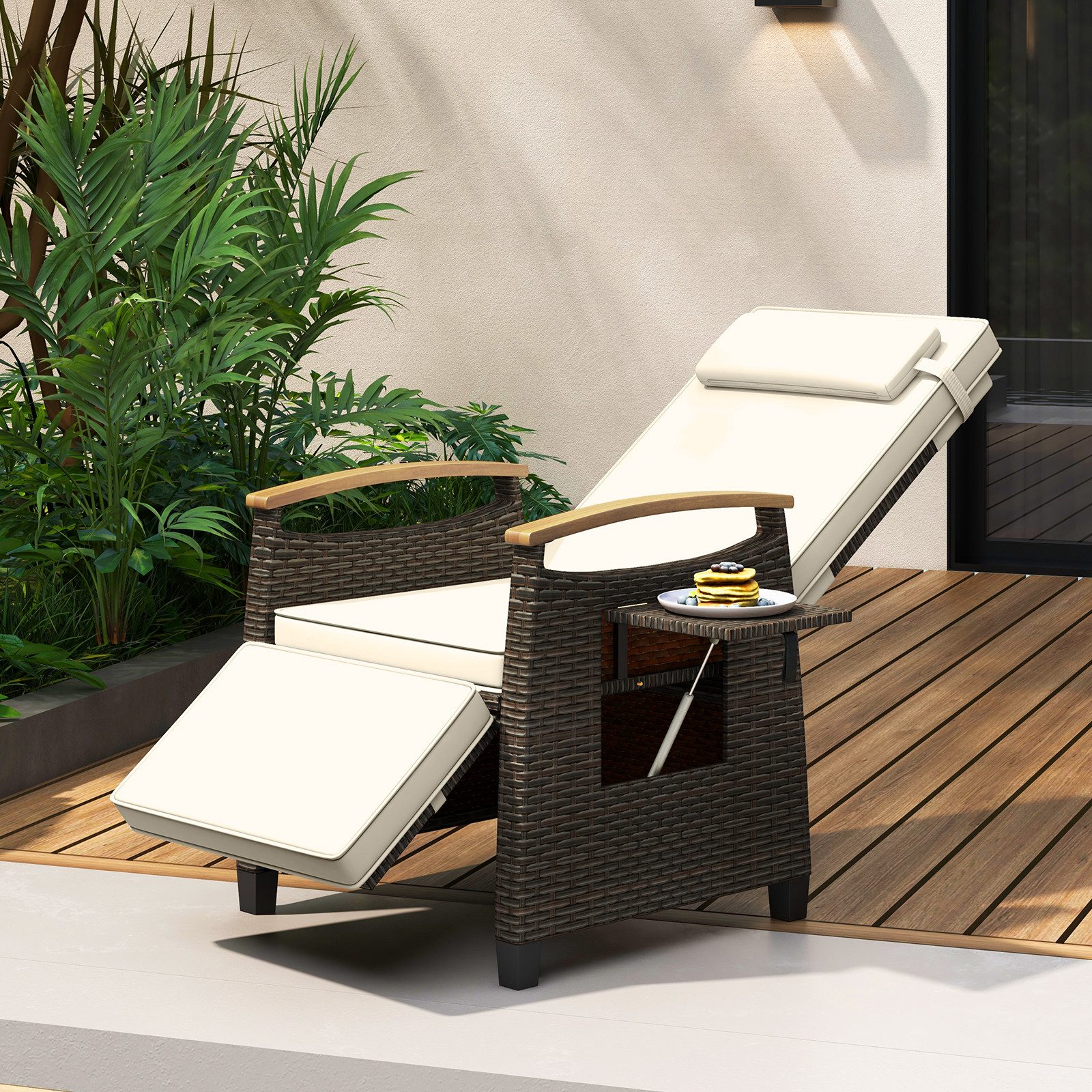 COSTWAY Gartenliege, 1 St., Gartensessel mit Liegefunktion, Kissen, Tisch, verstellbar