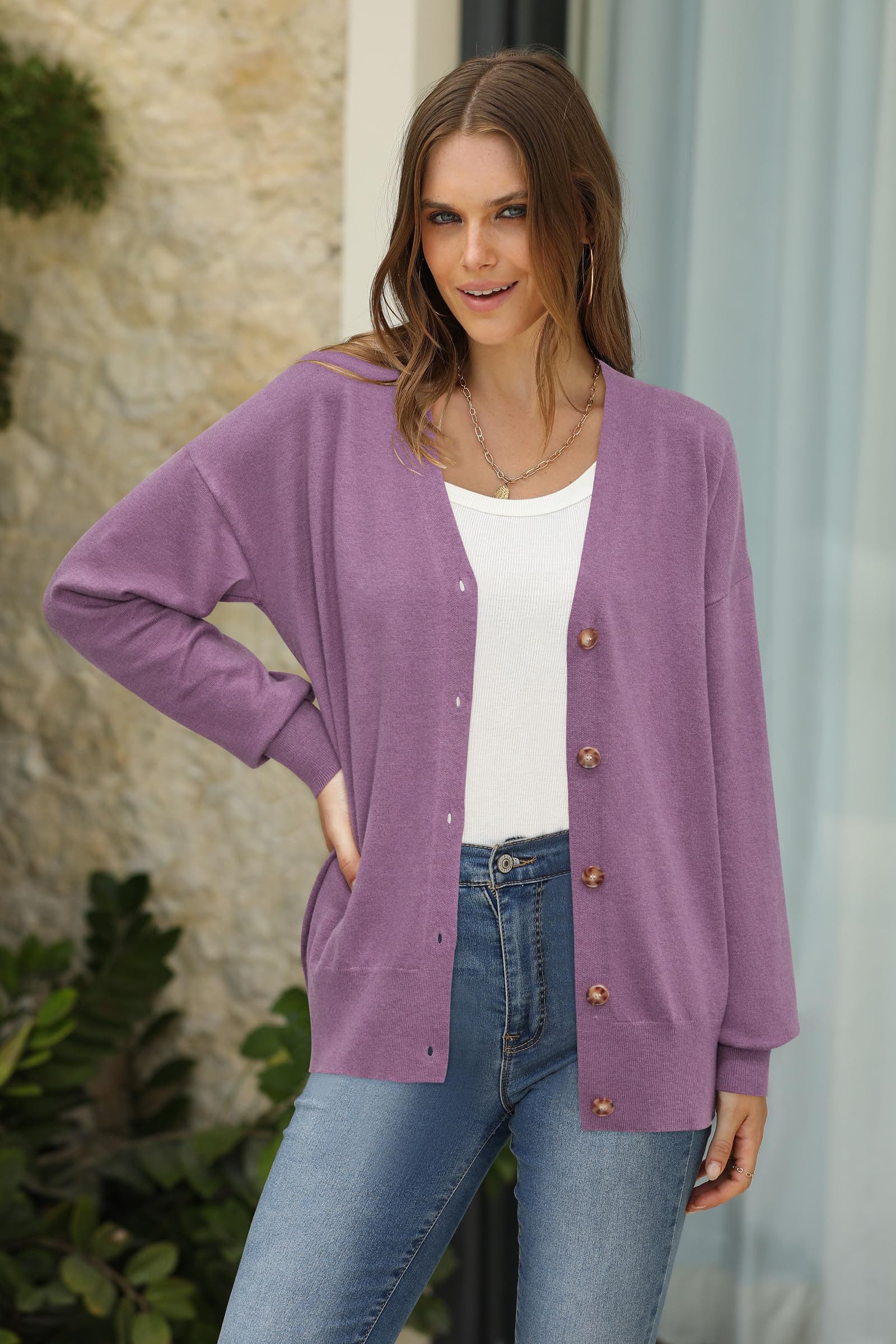 Arach&Cloz Strickjacke Damen Cardigan Strickmantel V-Ausschnitt Langarm mit Knöpfen für Frühling Herbst