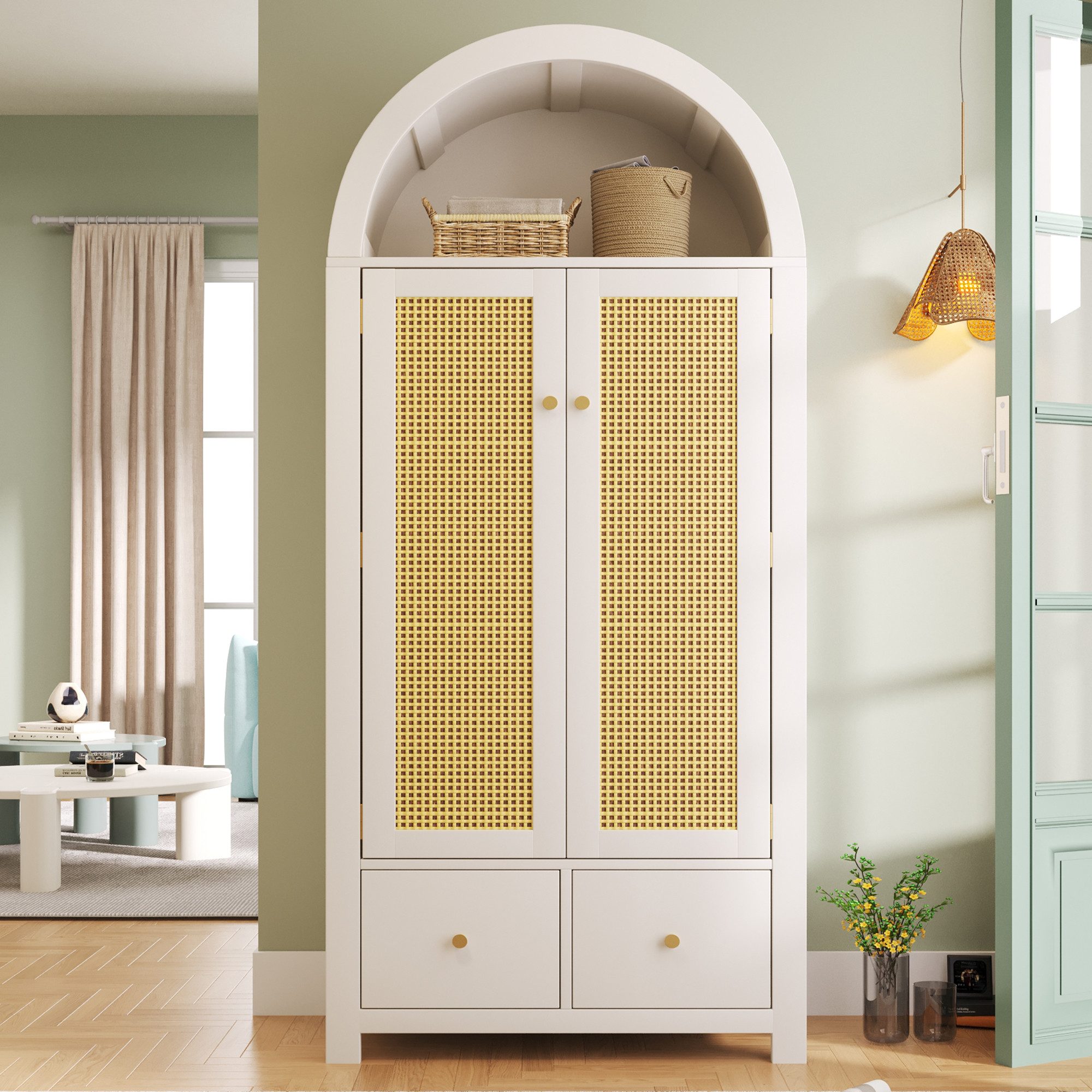 Flieks Kleiderschrank Garderobenschrank 78x45x181cm mit 2 Schubladen und 2 Türen, Rattan