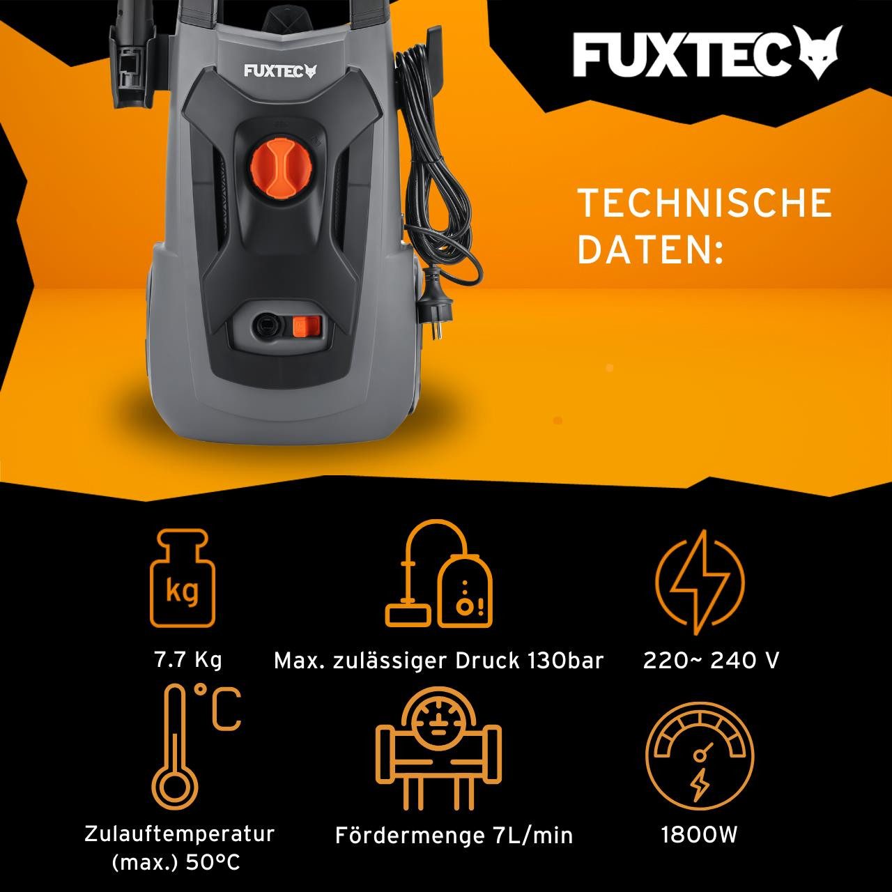 FUXTEC Hochdruckreiniger FX-HDR1800, 2,2 W, Druck max: 130 bar, 1,8 W, Fördermenge max: 7 l/min – Bild 2 von 5