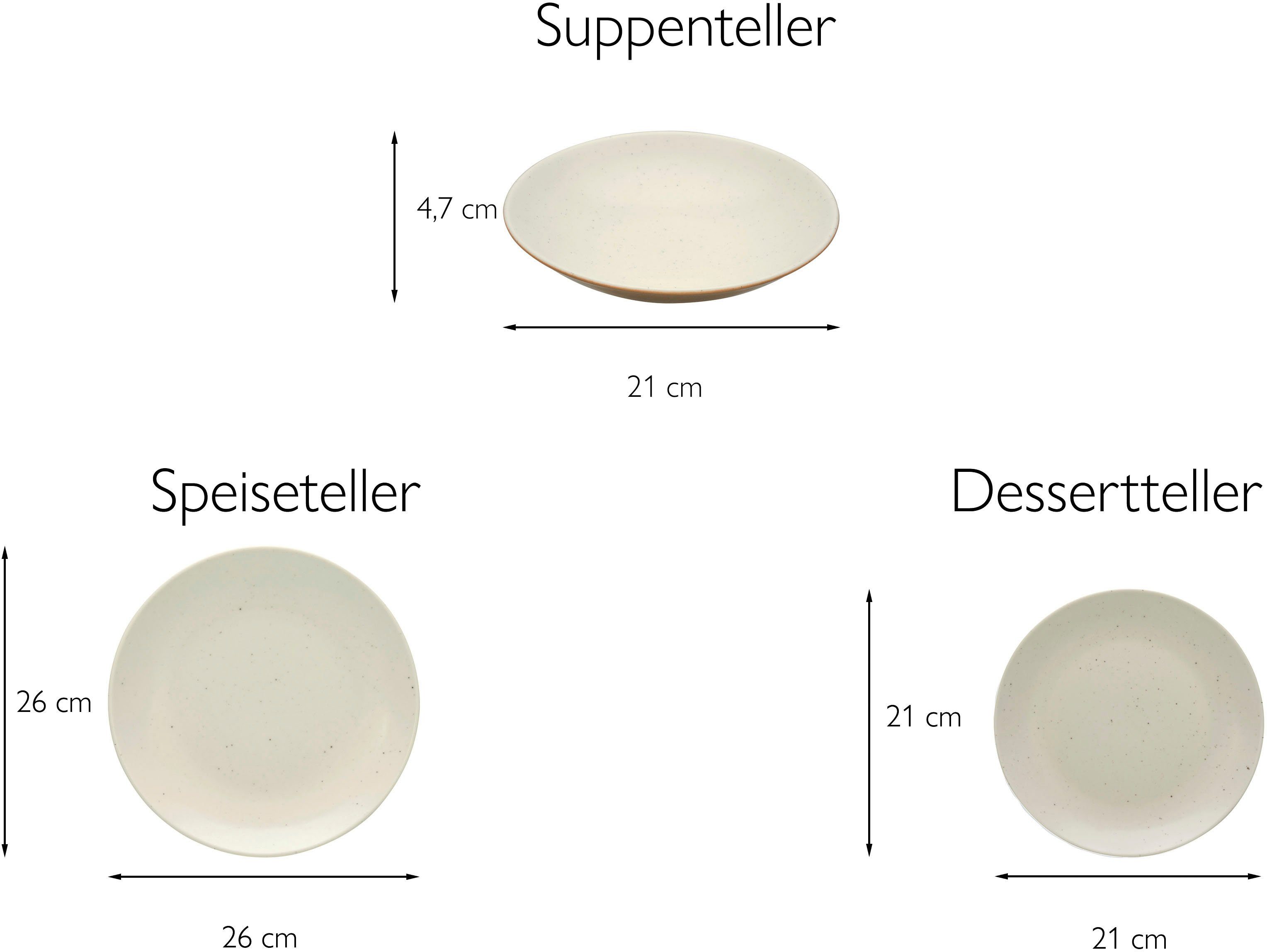 CreaTable Teller-Set Geschirr-Set Sand (12-tlg), für 4 Teile, Steinzeug, Service, Personen, Töpfercharakter, Dunes 12 4 Personen handwerklicher