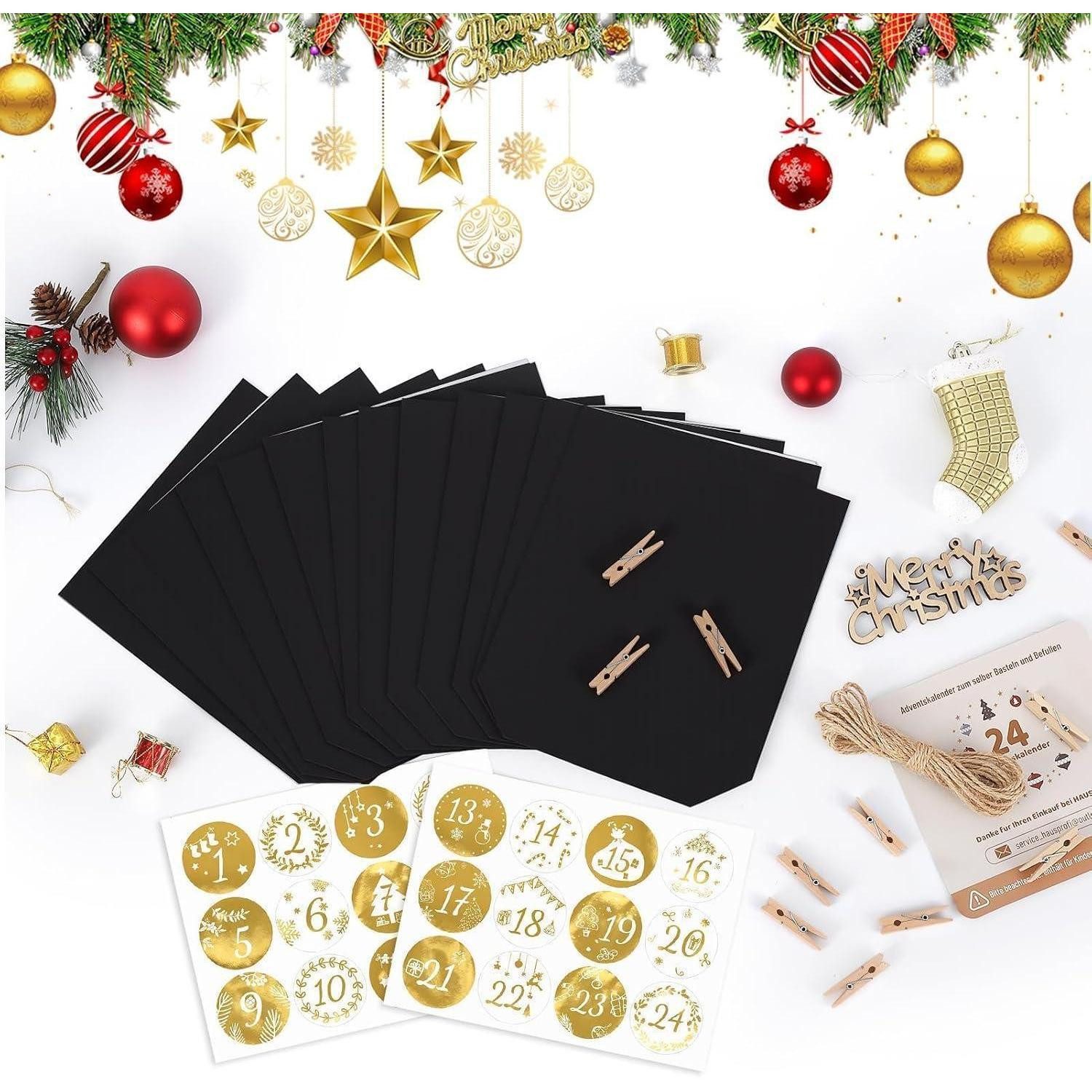 LuxusKollektion DIY-Adventskalender Adventskalender Schwarz 24 DIY Goldsticker Papiertüte + Holzklammern