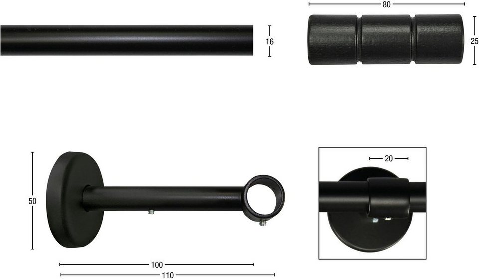 Gardinenstange STAURA, GARESA, Ø 16 mm, 1-läufig, Wunschmaßlänge, mit Bohren,  verschraubt, Metall, Vorhanggarnitur, verlängerbar, Knopf mit 2 Rillen, ohne  Ringe