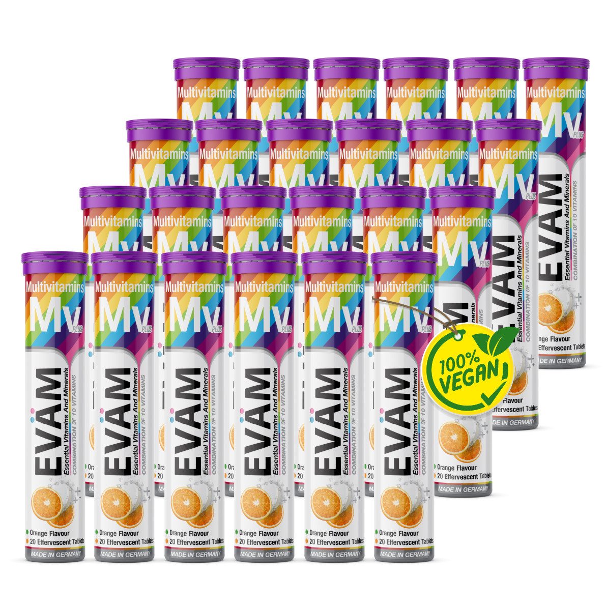 EVÄM EVÄM Multivitamin Brausetabletten Geschmack Orange mit 10 Vitaminen Brausetabletten, Set aus Röhrchen à 20,00 St., 1968 g 96000 ml, Inhalt in ml ist die Gesamtmenge aufgelöst nach Dosierungsempfehlung