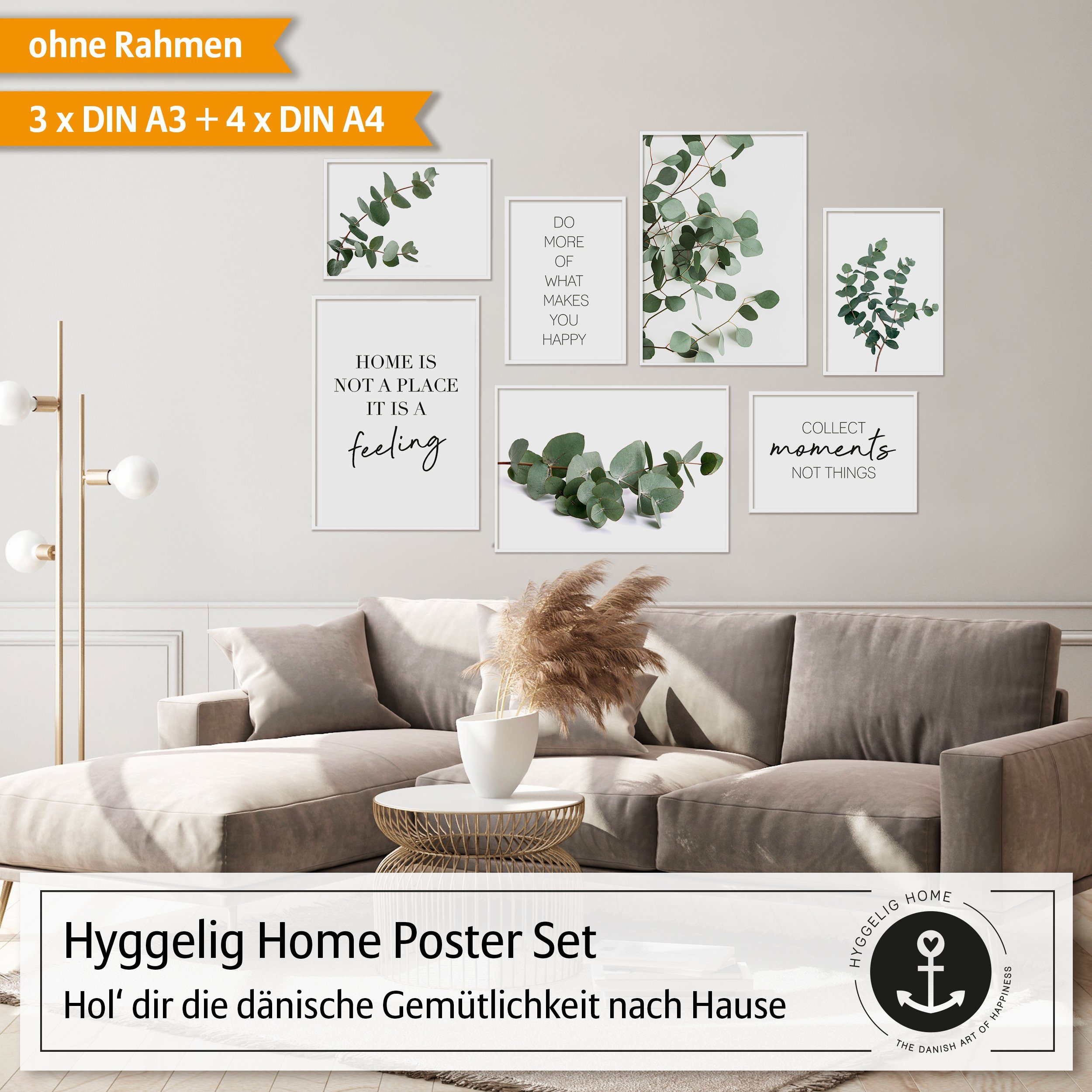 Hyggelig Home Poster Eukalyptus, Premium Poster Set OHNE & MIT Rahmen, 7 Wandbilder Moments, Pflanze (Set, 7 St), Collage Home is a Feeling Qualitätsdruck knickfrei