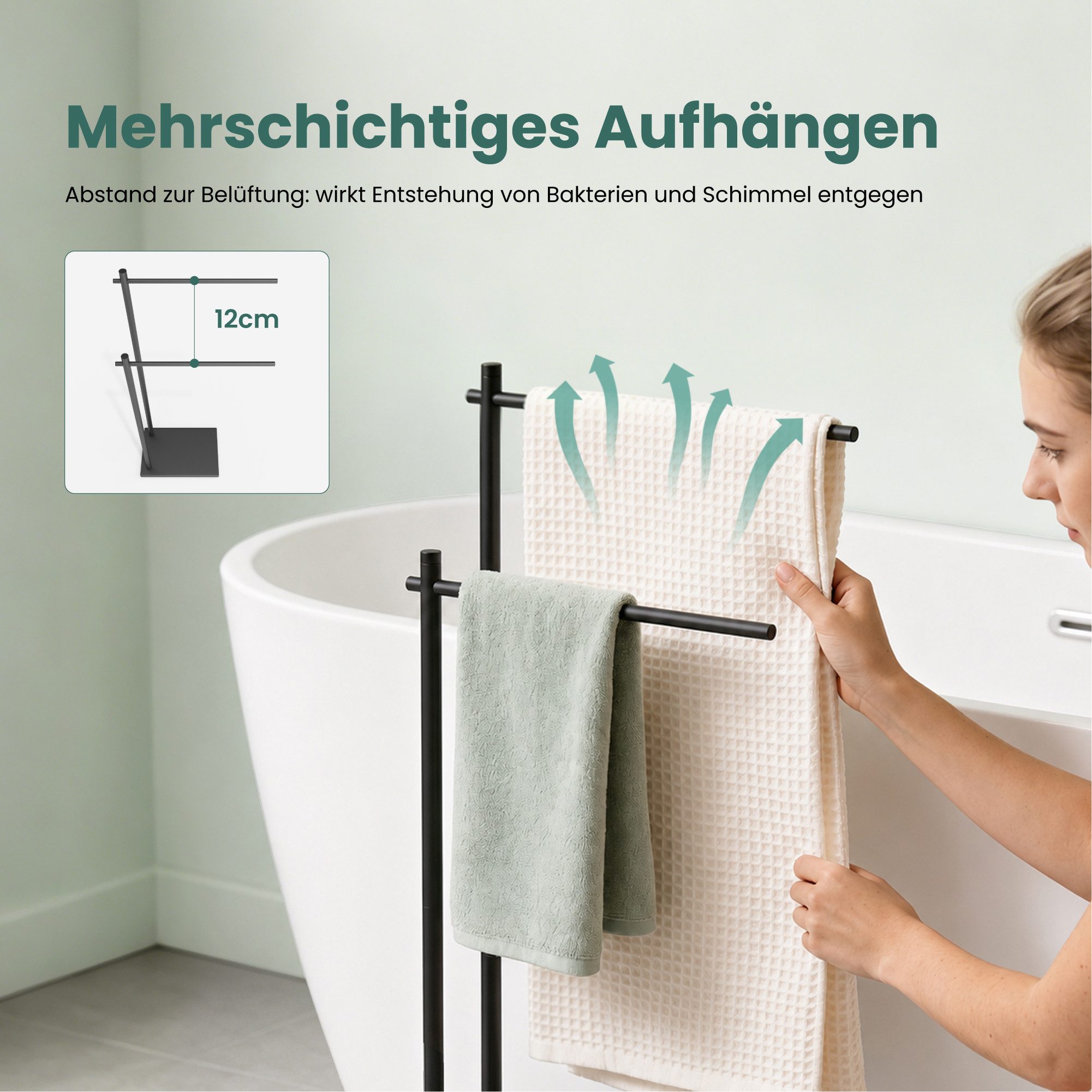 Mai & Mai Handtuchhalter Stehend Bad Handtuchständer mit 2 Handtuchstangen Edelstahl Tavrin-07, Versetzte Handtuchstangen,Untere Ablage,304-Edelstahl,Freistehen – Bild 3 von 5