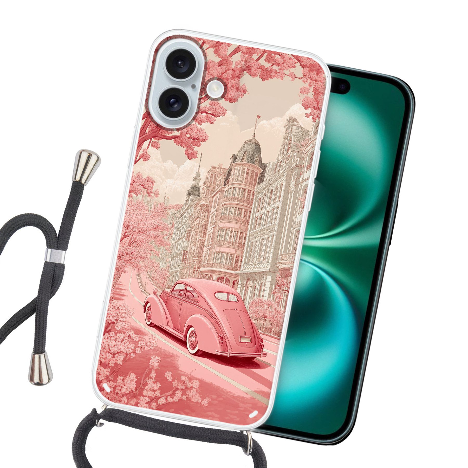 MuchoWow Handyhülle für Apple iPhone 16 Plus Stadt - Auto - Rosa, Tragbare Handyhüllen mit Kette zum umhängen, Handykette Handyband