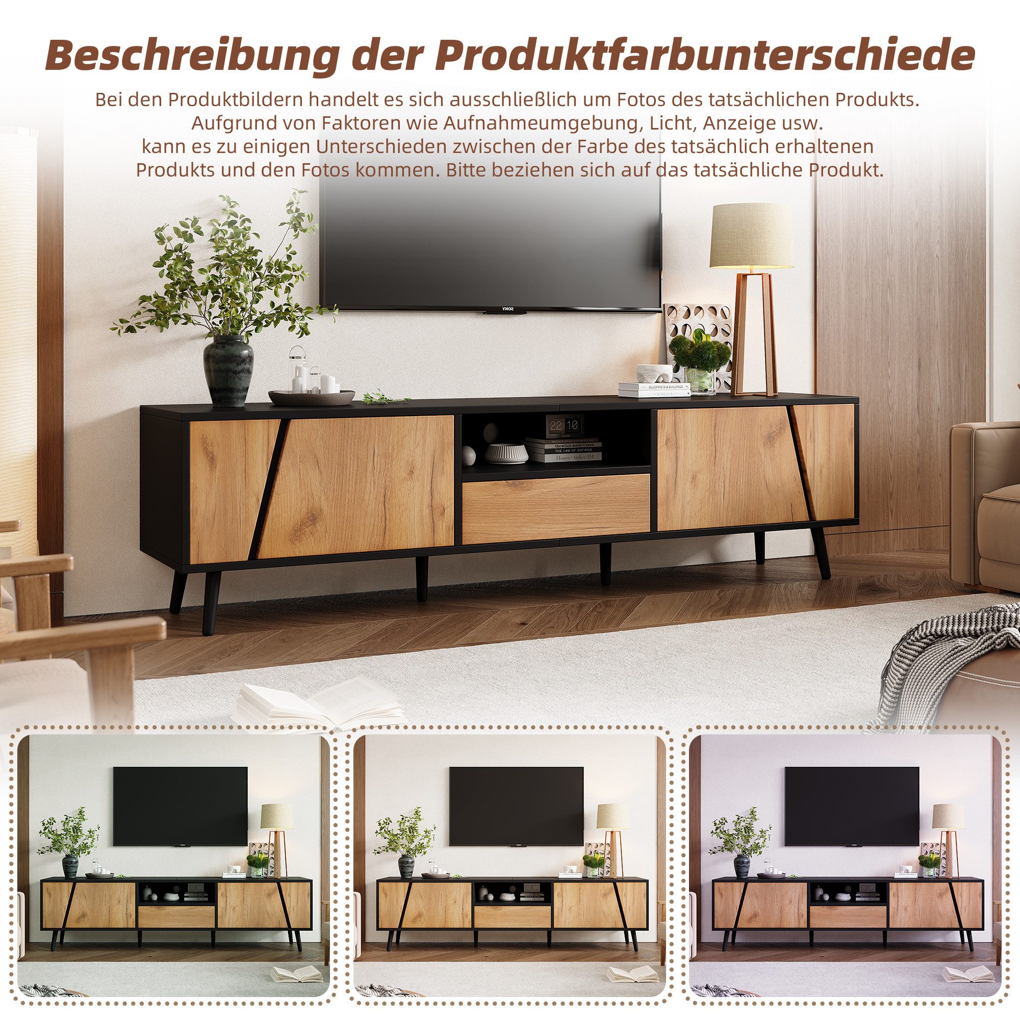 KLAM HOME Lowboard TV-Schrank mit Schubladen und 2 Schränken, 180*40*46cm (Moderne minimalistische TV-Konsole mit 6 Stützbeinen aus Massivholz), Passend für 75- – Bild 5 von 5