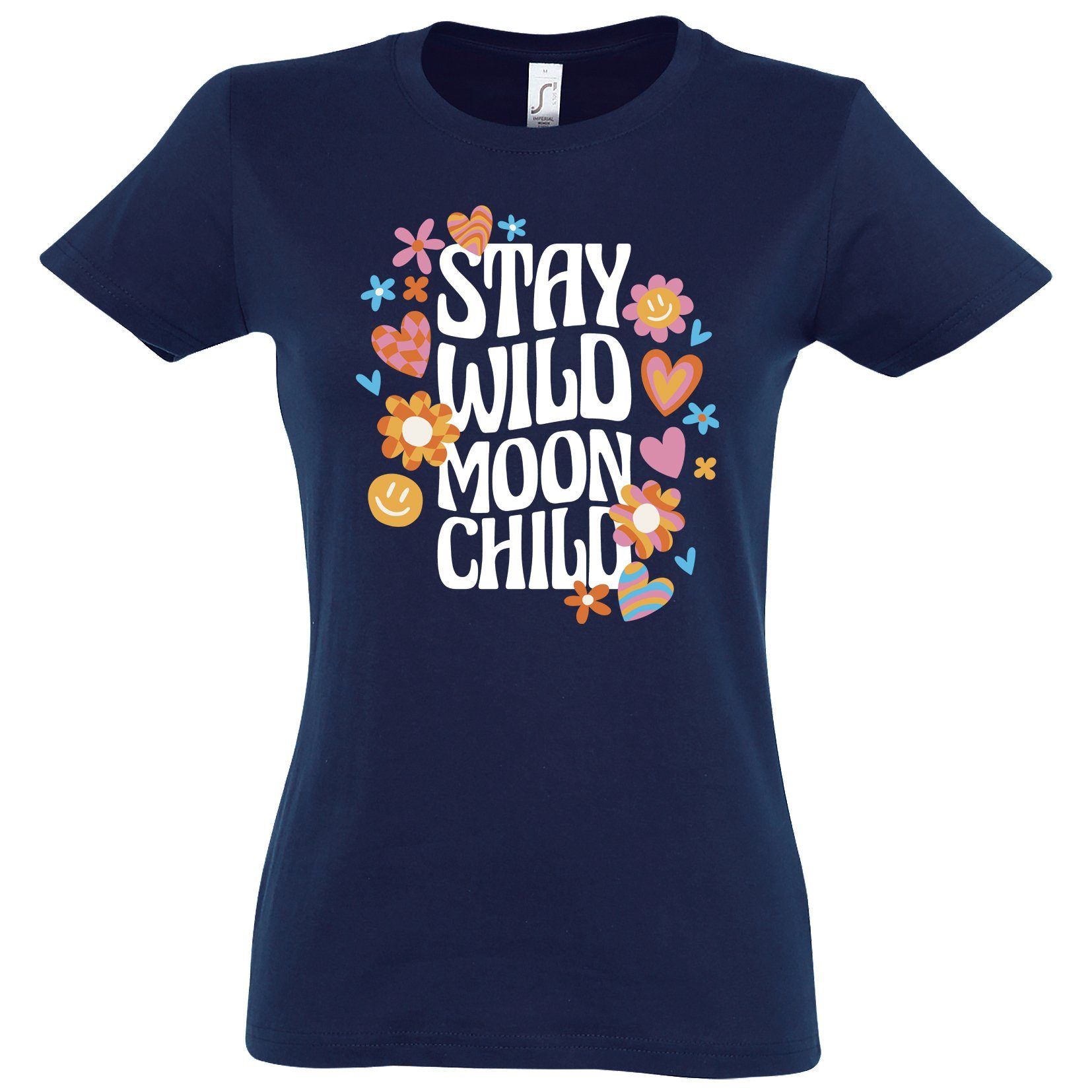 mit Youth Shirt Frontprint Designz Wild "Stay Damen Navyblau Chill" T-Shirt Moon trendigem