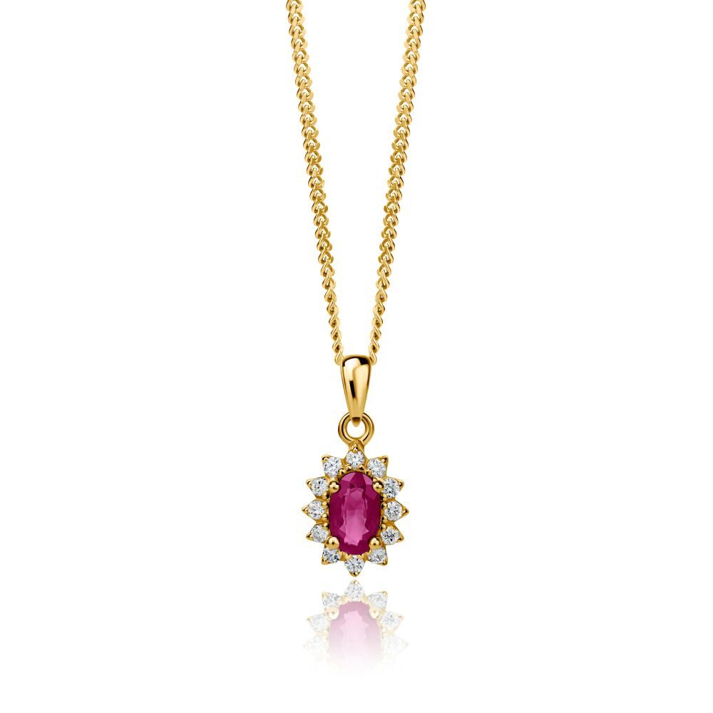 Miore Kette mit Anhänger MAE9028N - für Damen 9K (375) Gelbgold mit Rubin 0,31 ct Ovalschliff, 12 natürliche Diamanten gesamt 0,07 ct