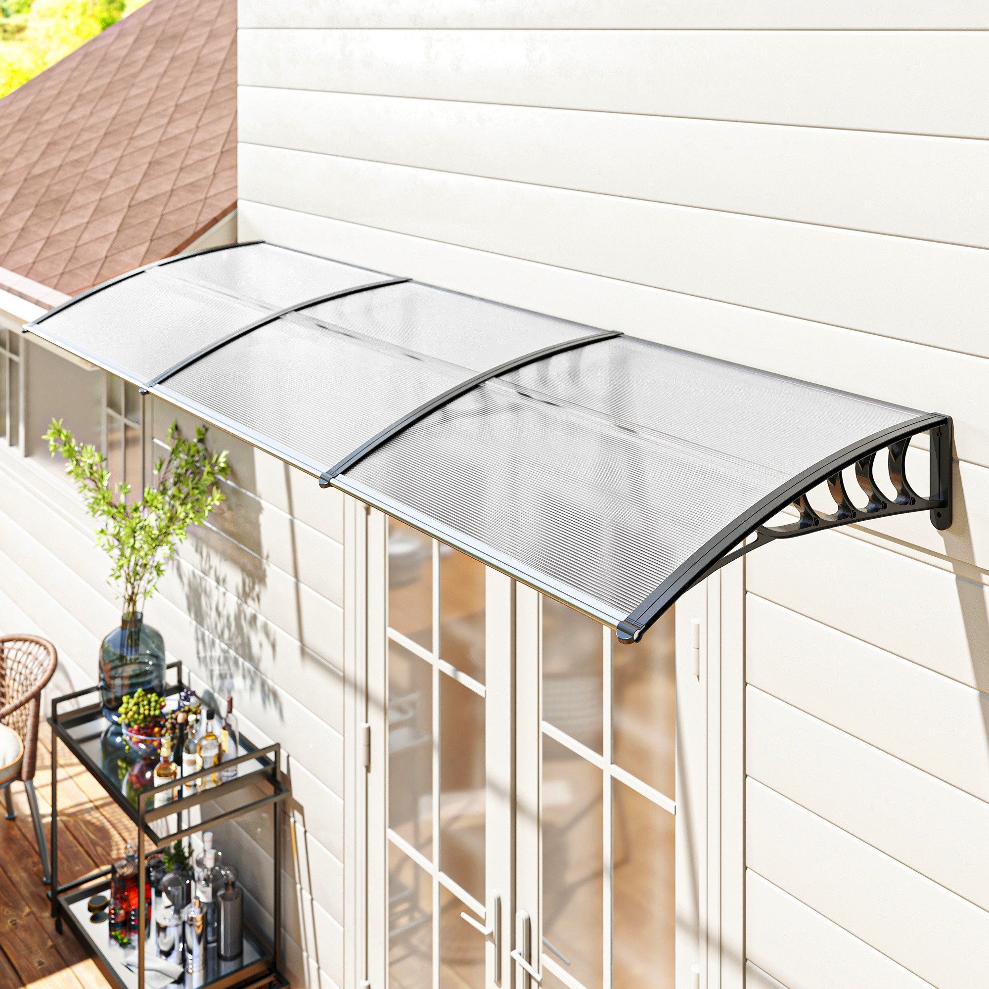 Outsunny Pultvordach Vordach für Haustür Überdachung 90 x 295 cm (Pultbogenvordach mit UV-Schutz, 1 St., Haustürdach Sonnenschutz aus Polycarbonat), Regenschutz für Outdoor, Weiß