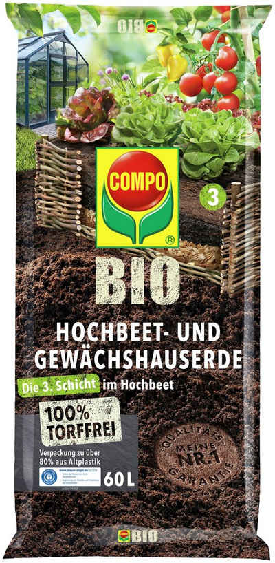 Compo Bio-Erde COMPO BIO, Hochbeet- und Gewächshauserde torffrei, 60 Liter