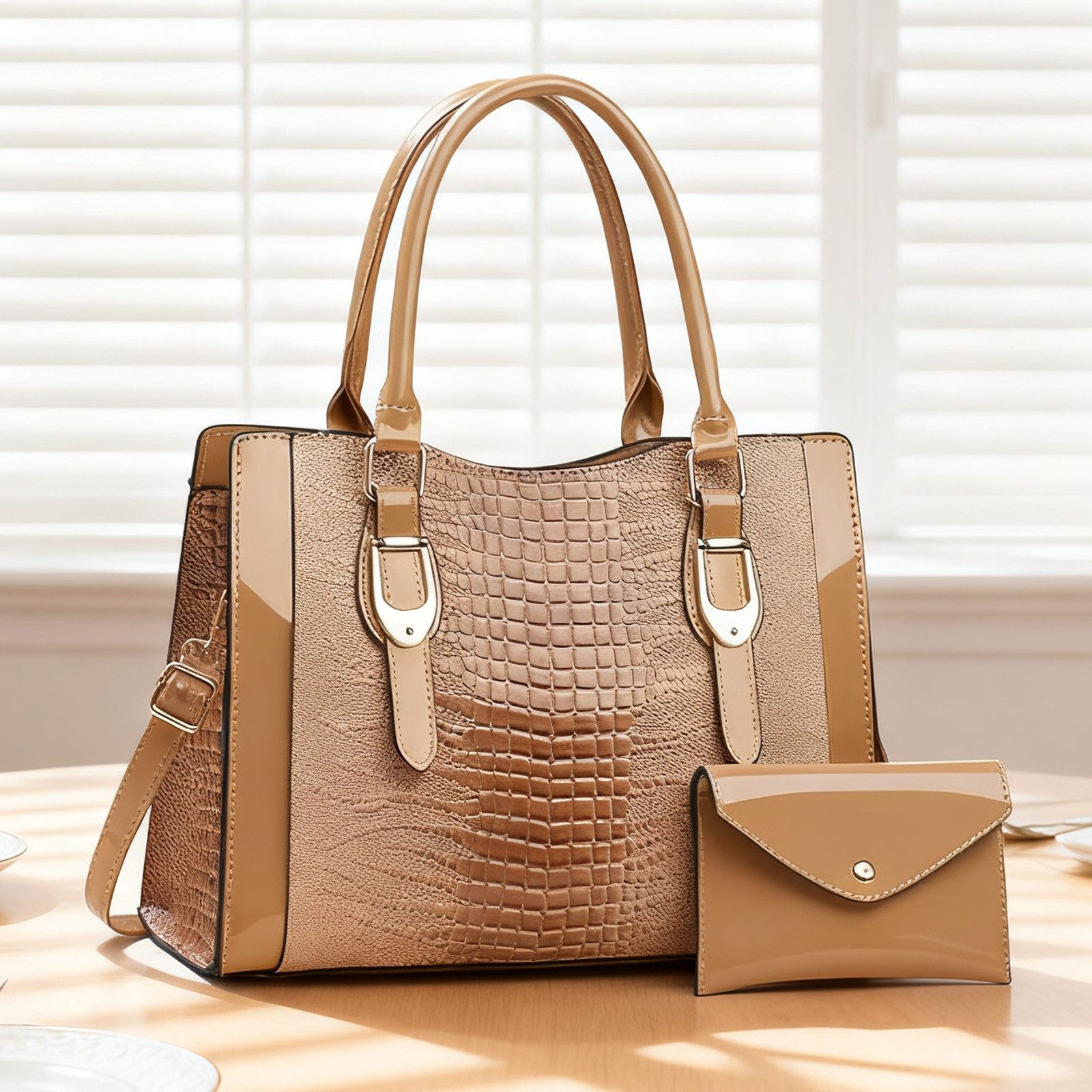 MODFU Henkeltasche Damen Handtasche Set Schultertasche Tragetasche Umhängetasche (2-teiliges Set aus Handtasche und Geldbörse mit Griff Schulterriemen, 2-tlg., mit Fächern für Handy Schlüssel und Kosmetik), Eleganter Stil ideal für Arbeit Reisen Feste oder als Geschenk