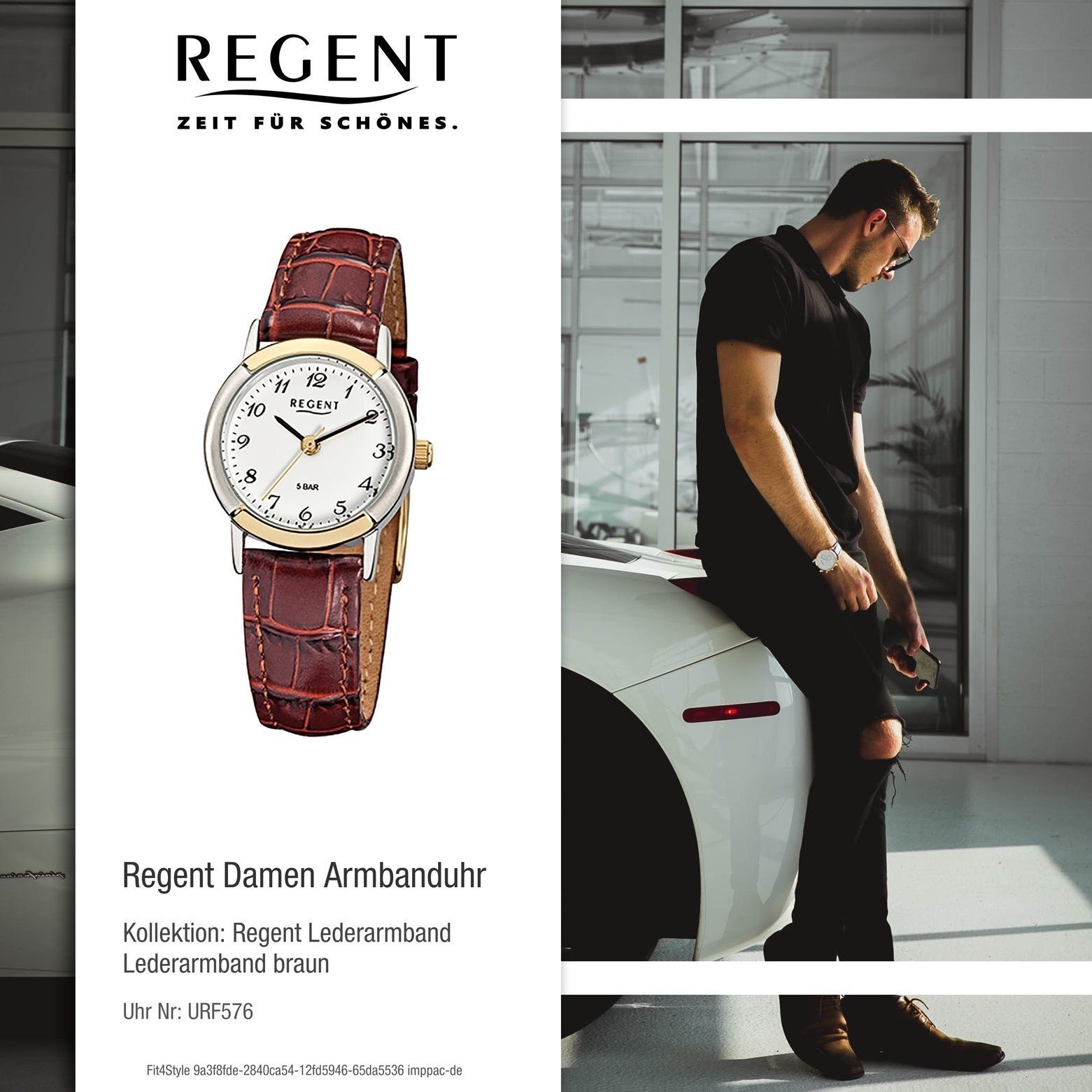 klein (ca. Lederarmband braun Regent Armbanduhr F-576, Damen-Armbanduhr Damen 25mm), Analog rund, Regent Quarzuhr