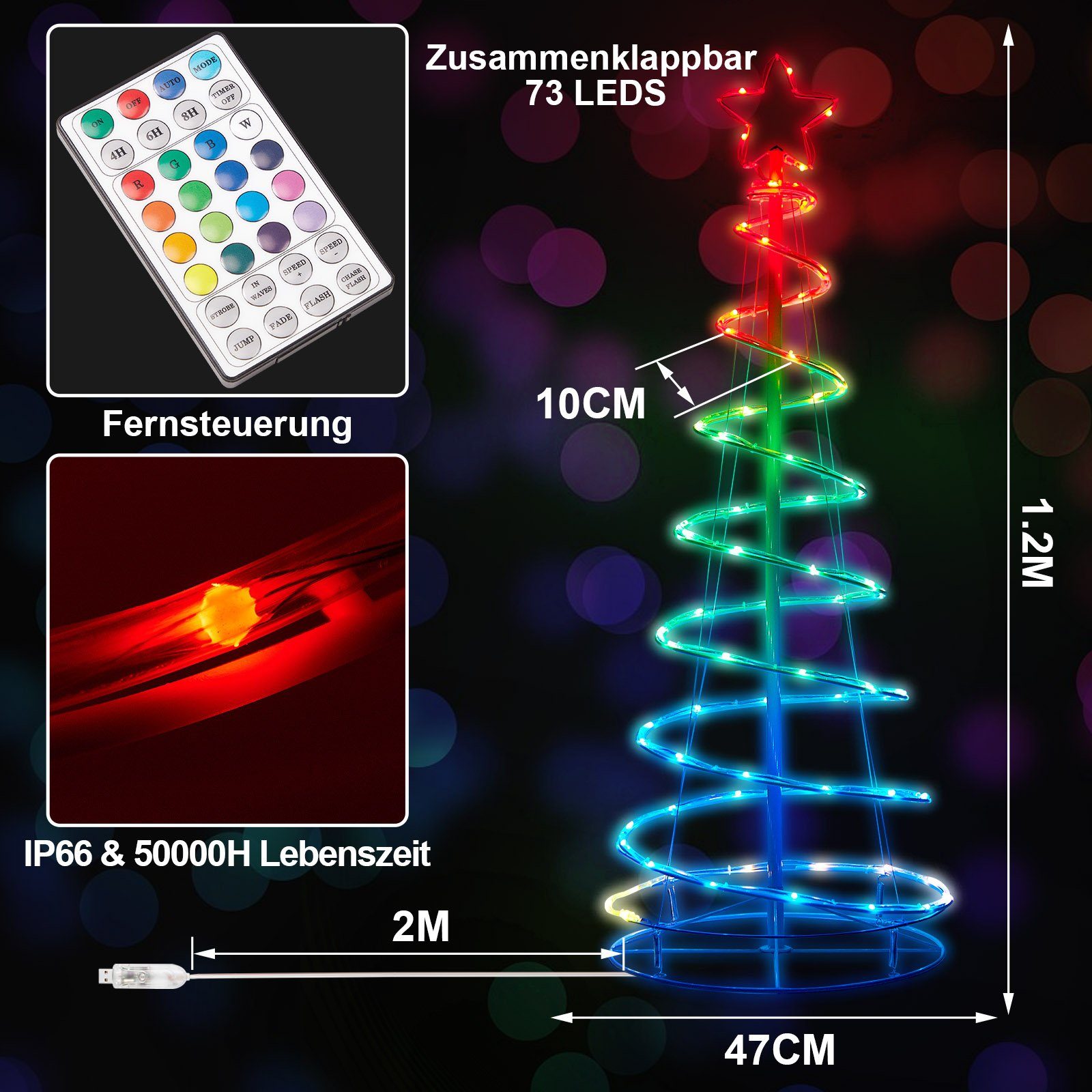 Multicolors), Timer, Baum 8 Einzelfarben USB, für Schlafzimmer + Künstlicher Weihnachtsbaum, RGB, Rosnek faltbar, RGBW(16 Weihnachtsdeko, Fernbedienung Modi, Wohnzimmer, LED