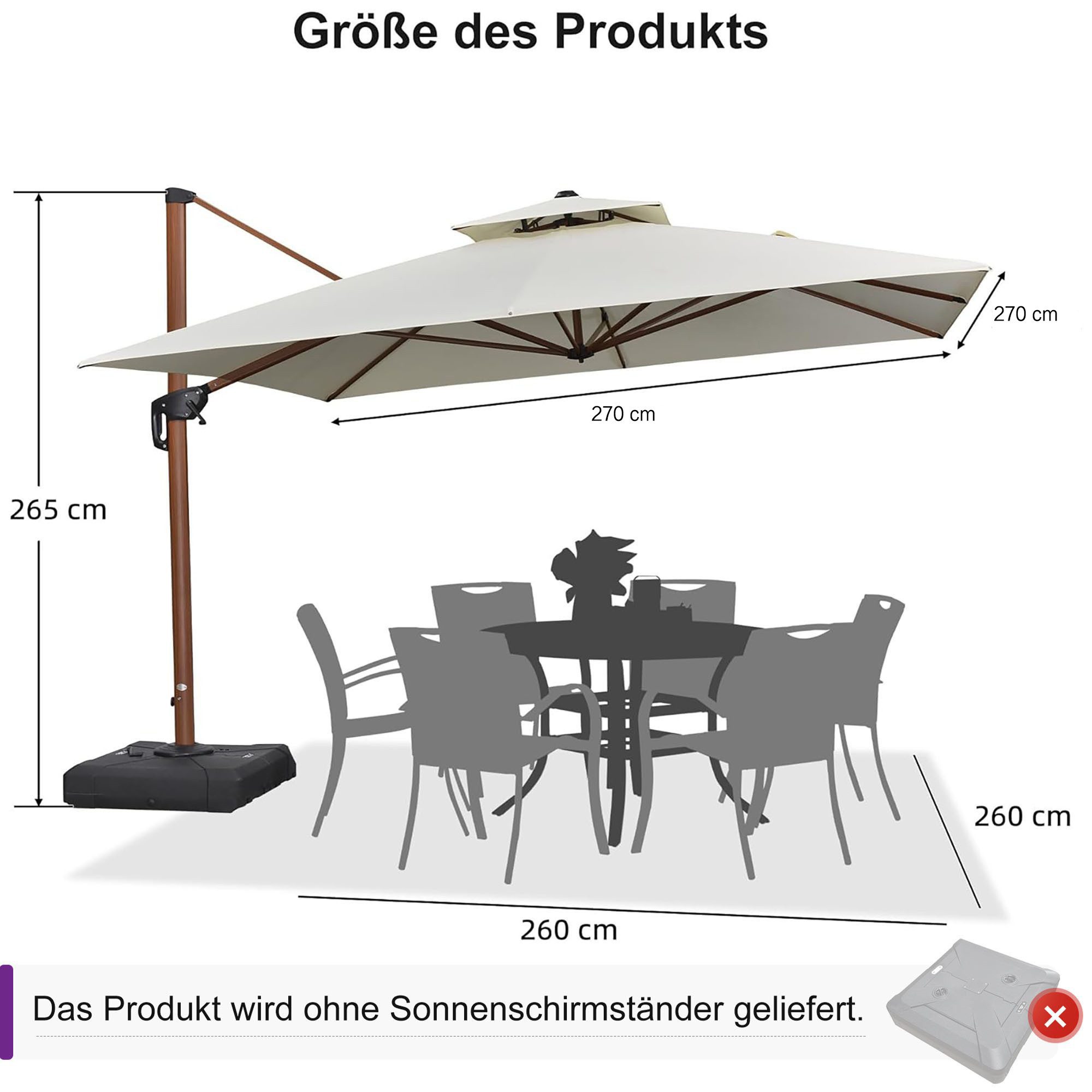 PURPLE LEAF Sonnenschirm Außenbereich Holzoptik Ampelschirm, Gartenschirm mit Schirmständer, LxB: 270,00x270,00 cm, Holzmaserung, 360°Rotation, Sonnenschutz UV50+, für Garten, Terrasse, Pool