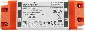 Poppstar LED Transformator 230V AC / 12V DC 1,66A LED Trafo (für 0,2 bis 20 Watt LED Strips, LED Lampen und LED Bänder)
