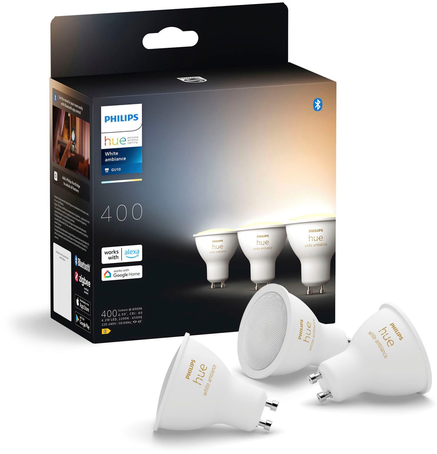 Philips Hue LED-Leuchtmittel White Ambiance GU10 Dreierpack 3 x 350lm, GU10, 3 St.