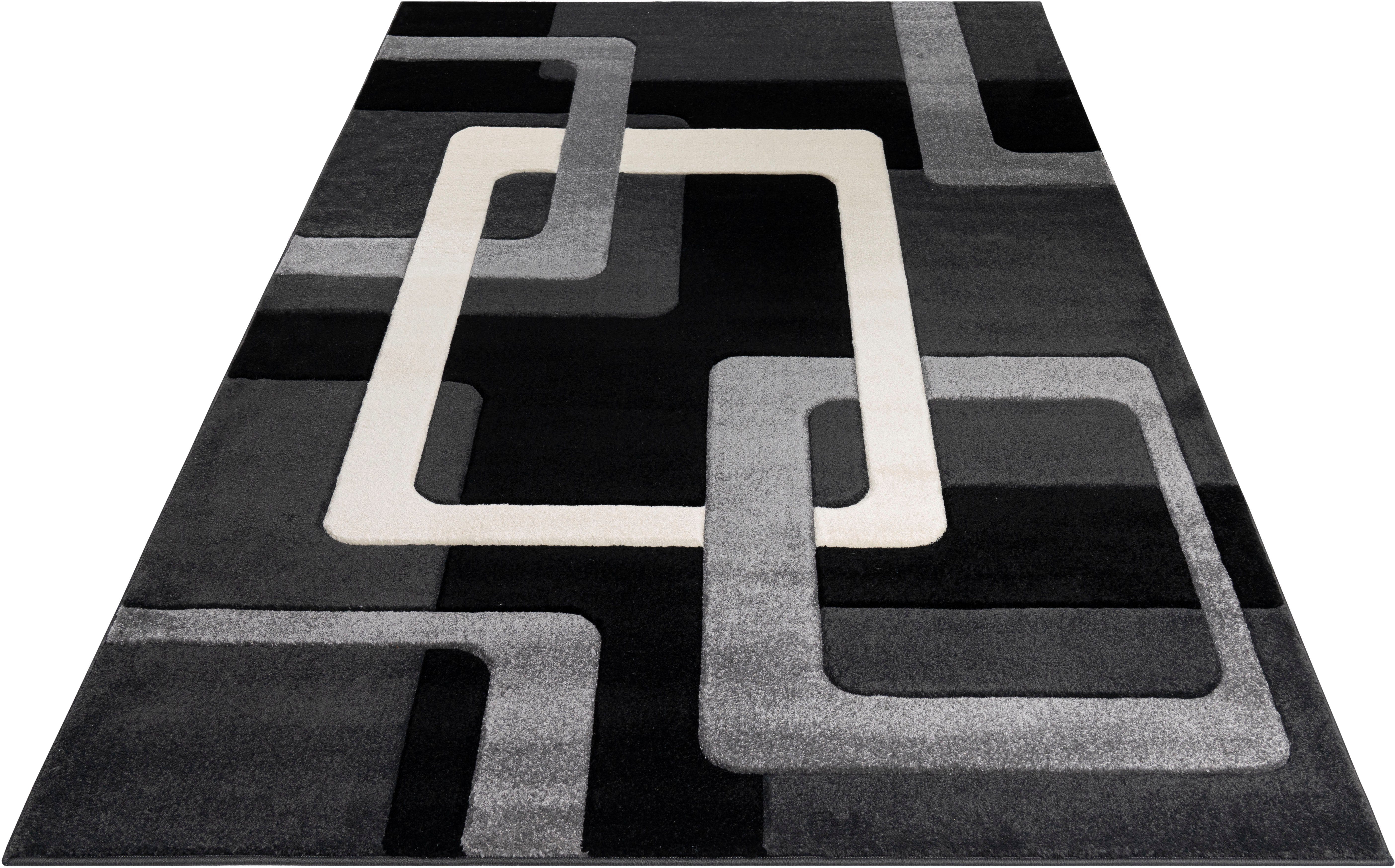Teppich Maxim, my home, rechteckig, Höhe: 13 mm, Hoch-Tief-Effekt, Kurzflor, 3D-Design schwarz