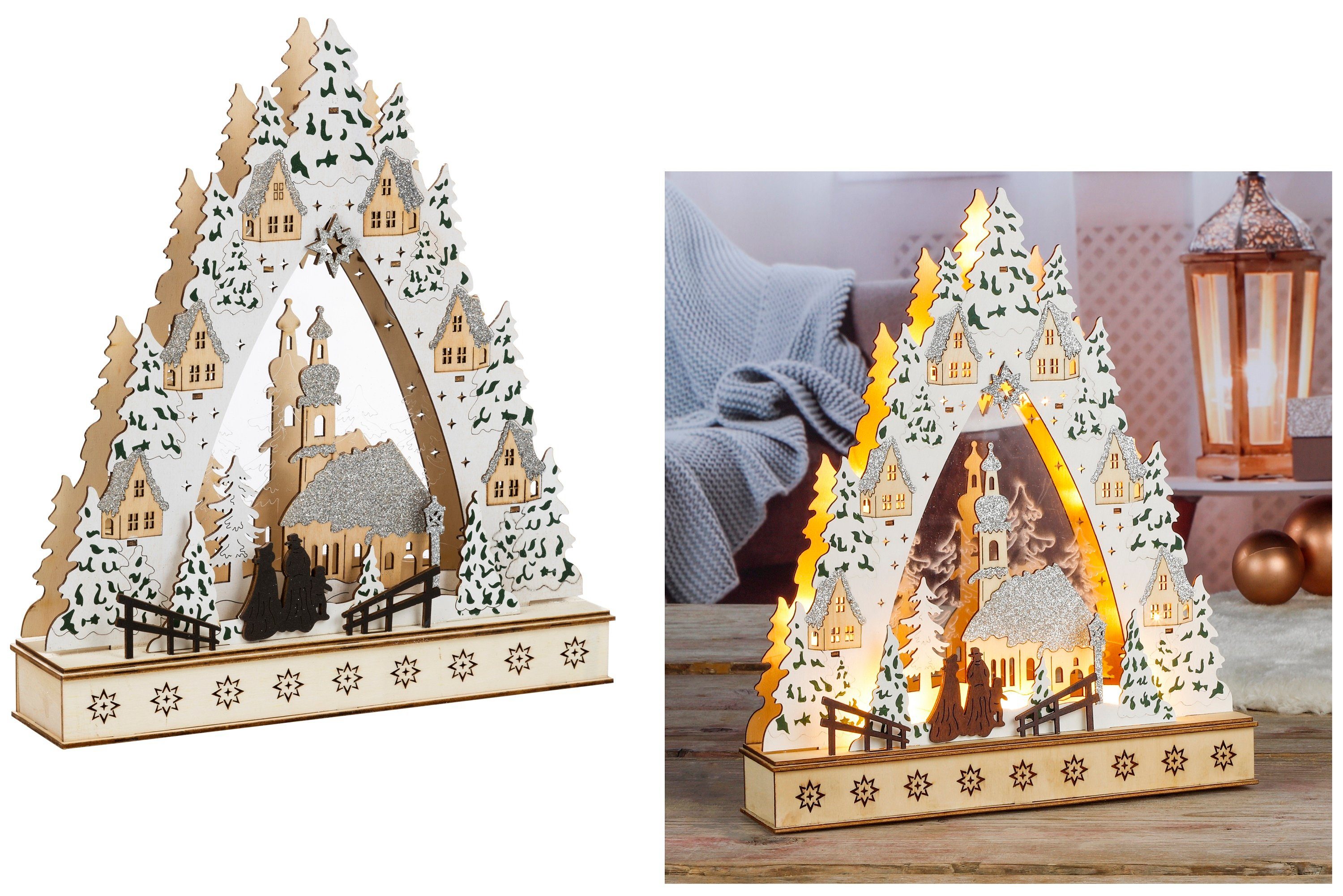 Rungassi LED Dekoobjekt Weihnachtsdorf mit Weihnachtskulisse mit 10 Warm-Weißen LED´s 30cm