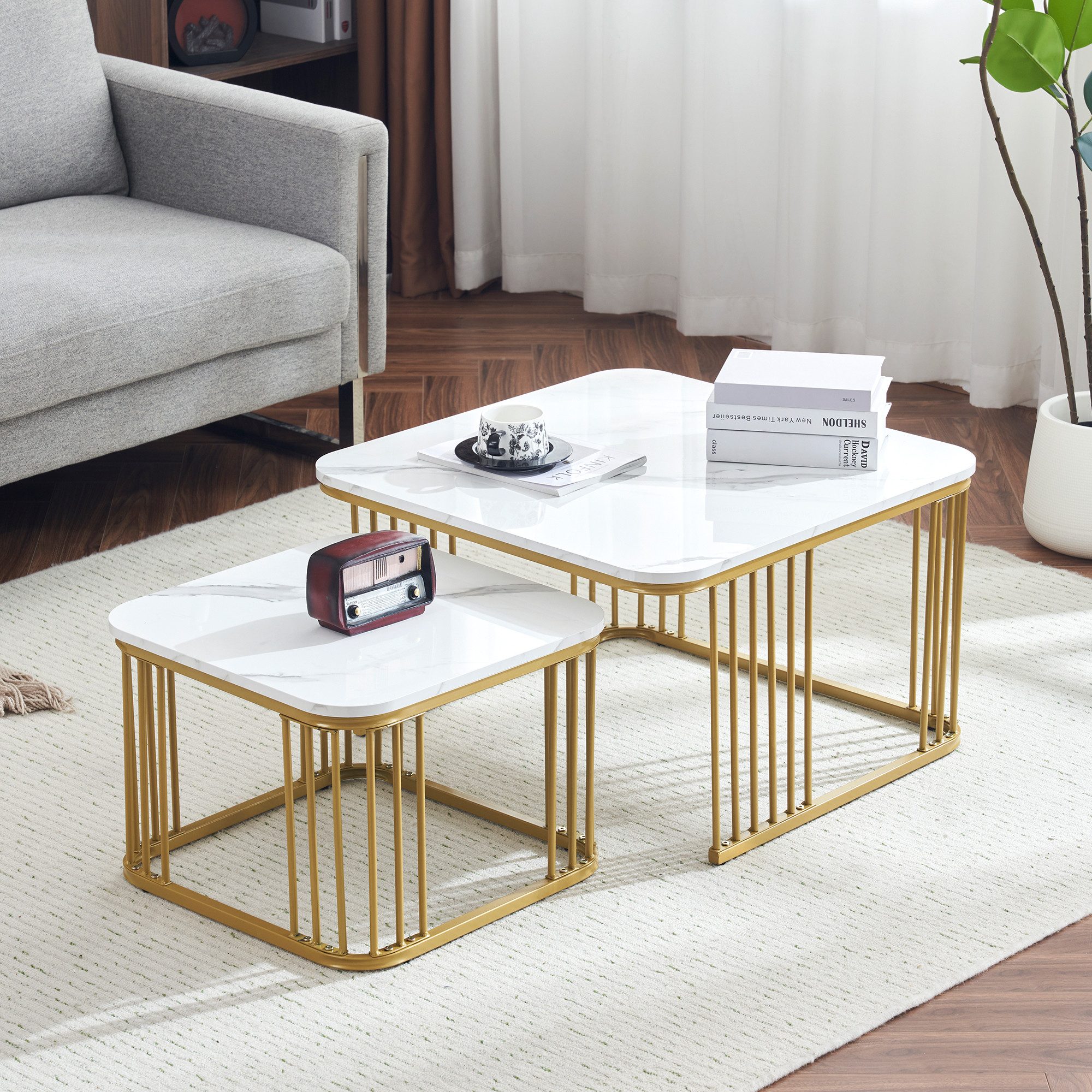 HAUSS SPOLE Couchtisch 2er Set quadratische Hochglanz Couchtische mit golde günstig online kaufen