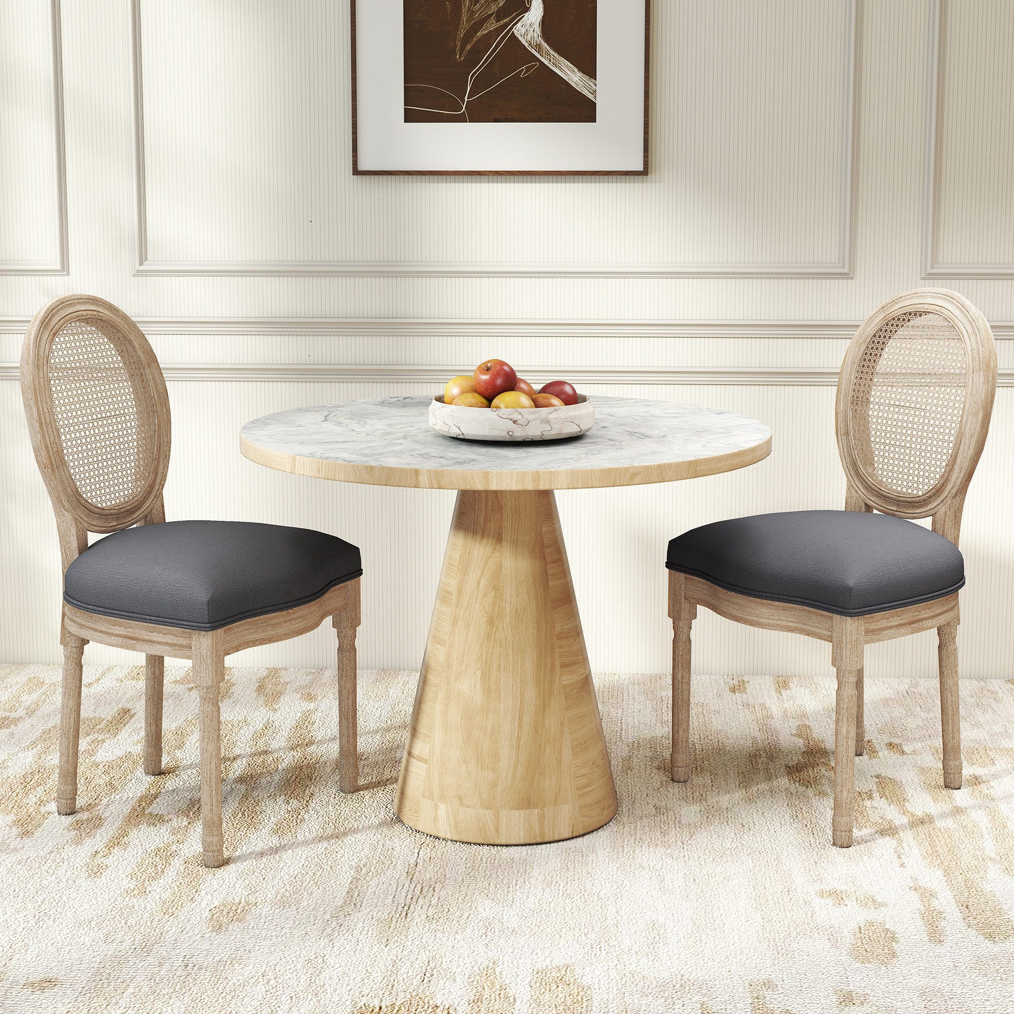 HOMCOM Esszimmerstuhl Küchenstuhl mit Rattan-Rückenlehne, Leinenoptik (Gepolsterter Polsterstuhl, 2 St), im Französischen Stil, für Wohnzimmer, Esszimmer, Grau