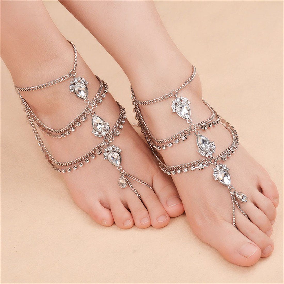 DÖRÖY Fußkette Damen Bohème Metall mit Vintage Diamanten und Silber Fußkettchen Tropfen