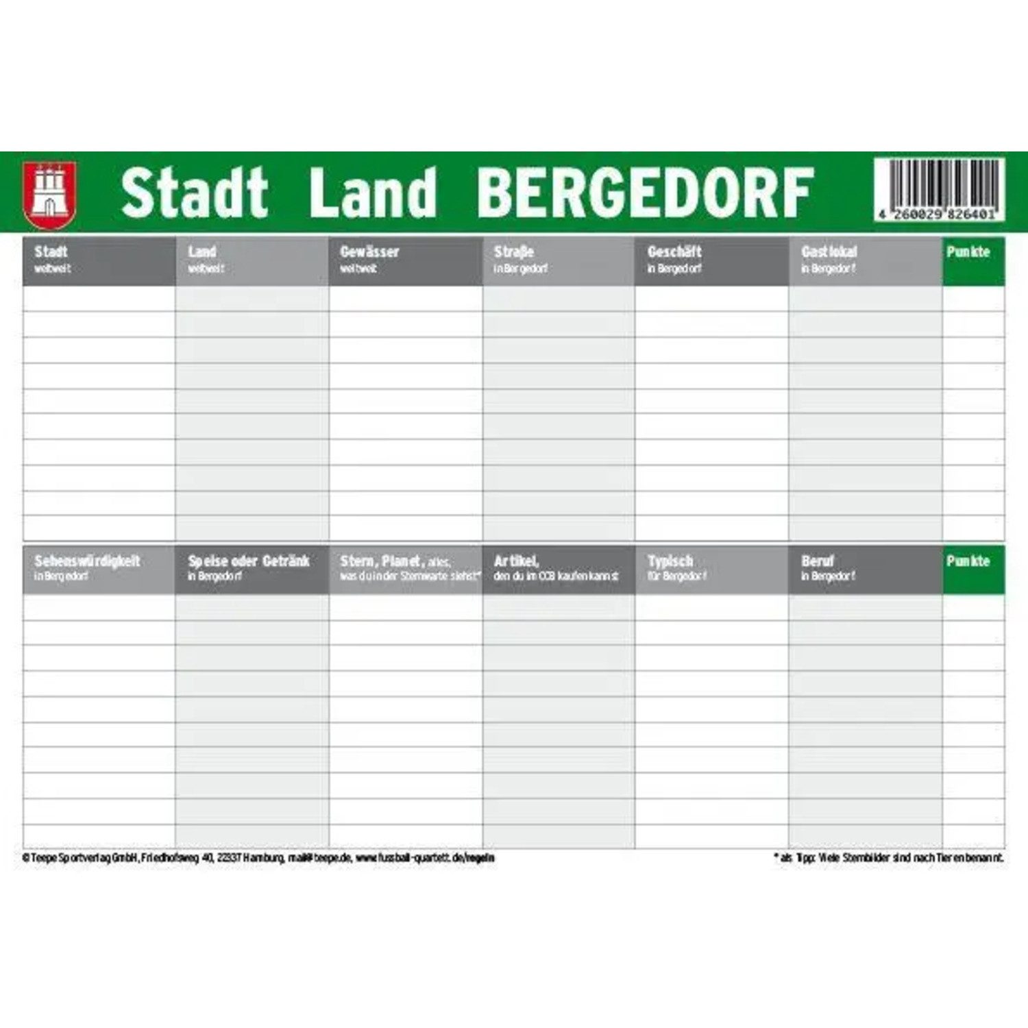 Teepe Sportverlag Spiel Hamburg: Stadt Land Bergedorf