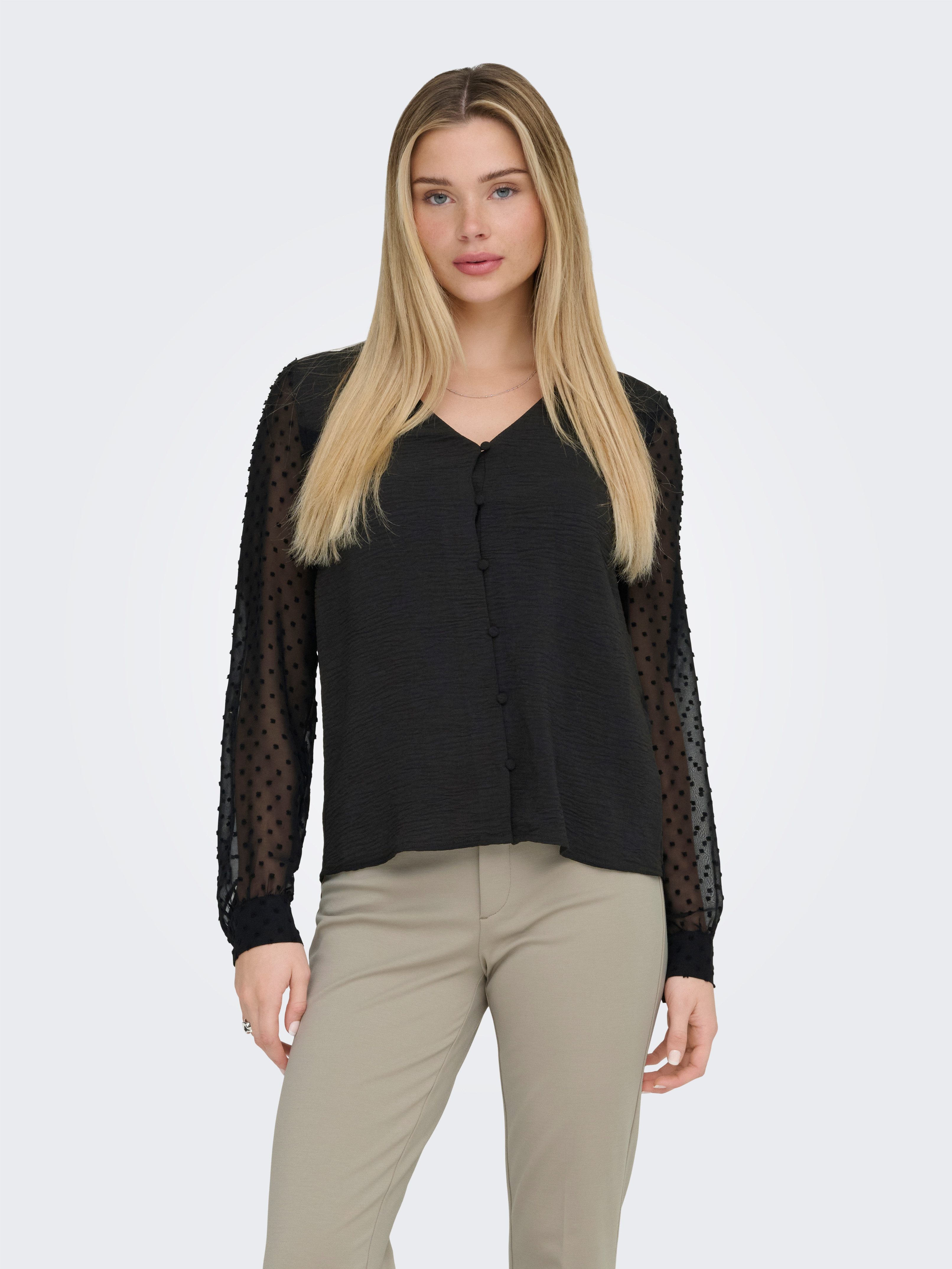 ONLY Langarmbluse ONLRHODES METTE L/S DOBBY VNECK TOP WVN Strukturiertes Material, V-Ausschnitt – Bild 2 von 5