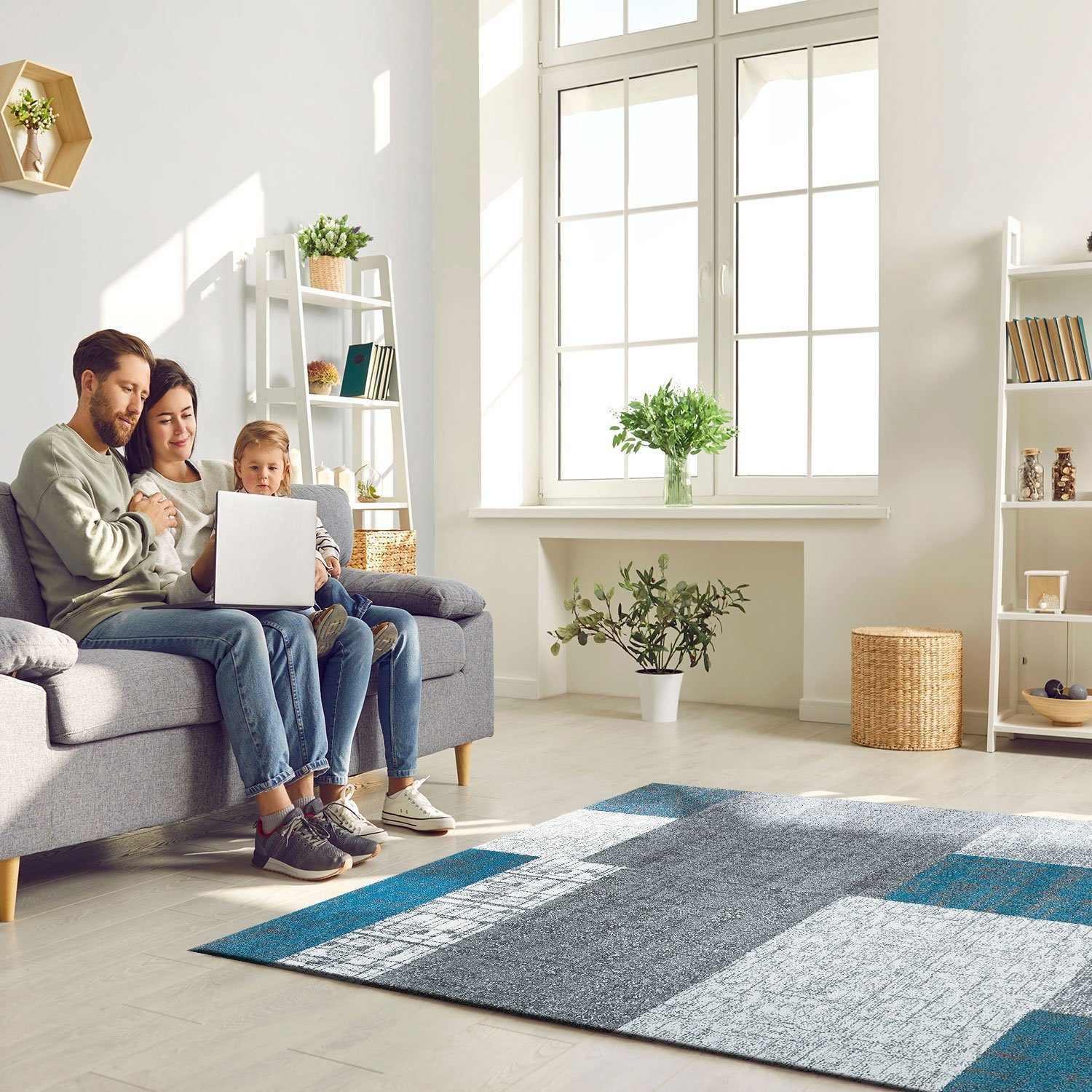Vimoda Teppich Wohnzimmer Klassisch Karo- kariert Design, Rechteckig, Höhe: 5 mm, Läufer Kachel Optik in Türkis Grau Gelb & Lila Teppich Schlafzimmer