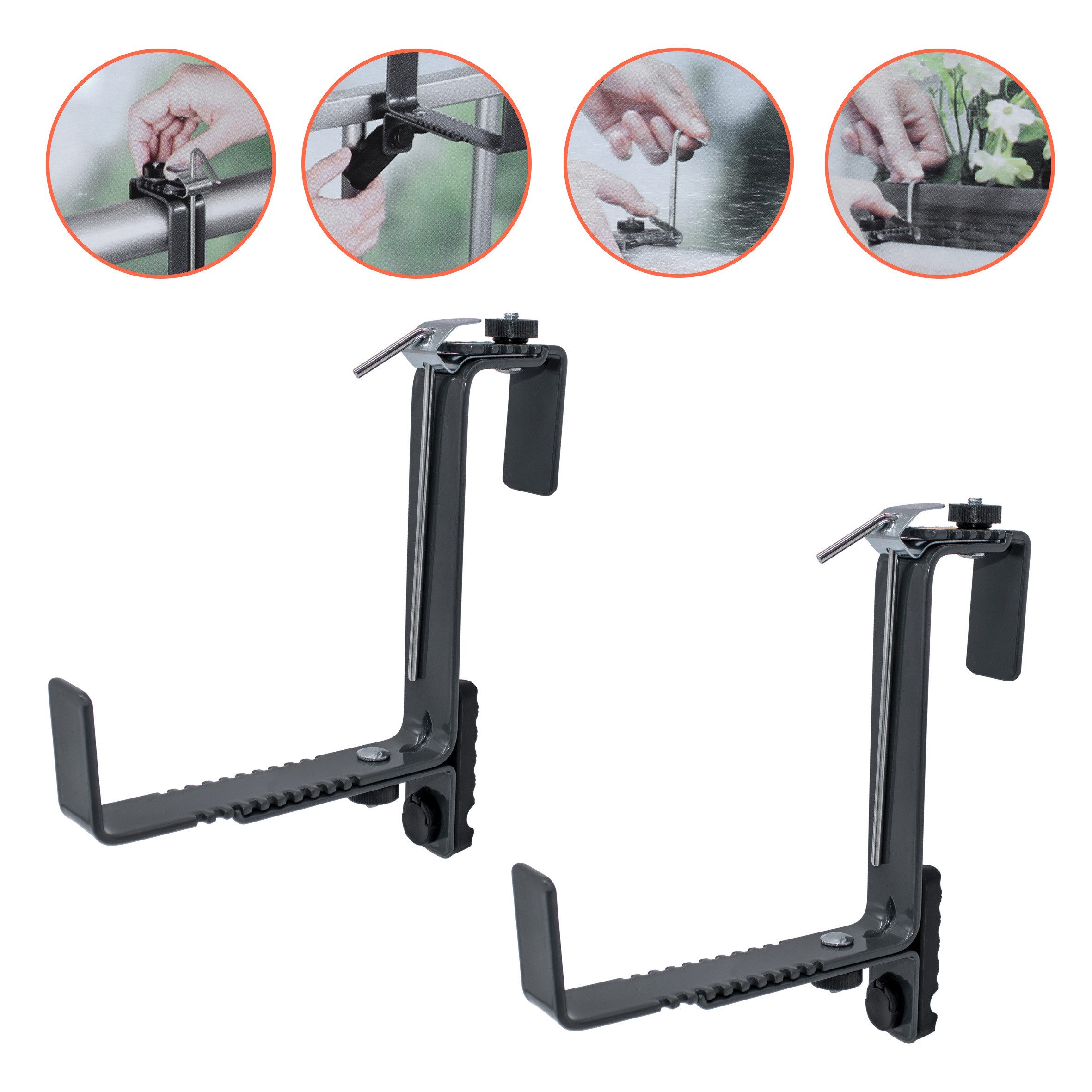 Spetebo Blumenkastenhalter Blumenkasten Halter 2er Set bis 50 kg, bis 50 kg belastbar, stufenlos verstellbar, Anzahl, 1-St., Stück, für eckige Geländer oder Mau – Bild 4 von 5