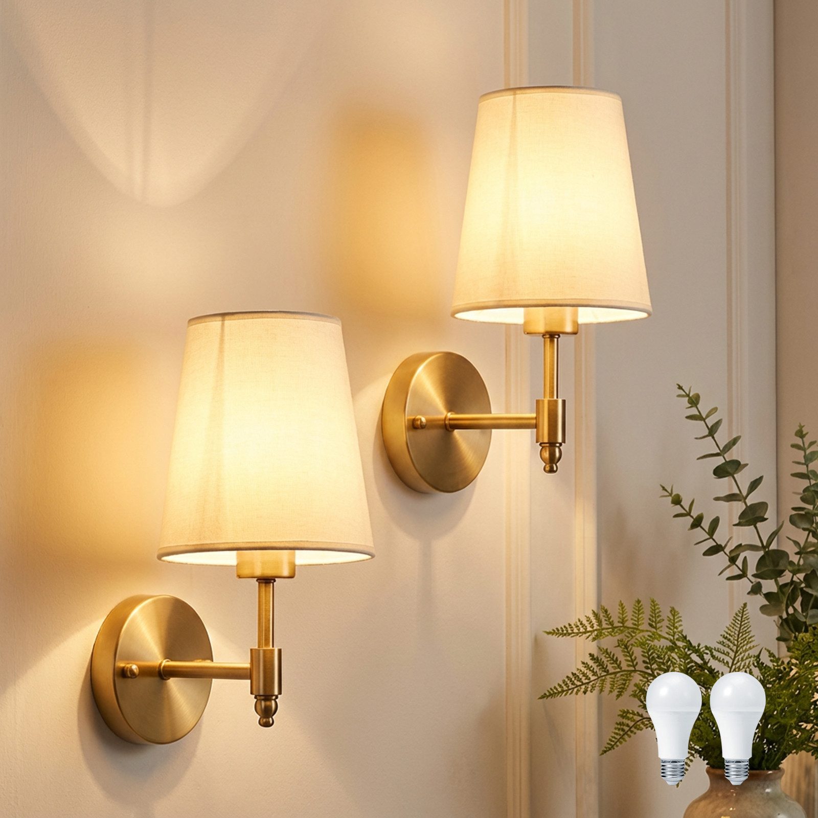 Lapalife Wandleuchte Wandlampe Innen Gold Vintage, mit Weißem Stoffschirm, 4W LED Birne, LED wechselbar, für Schlafzimmer Wohnzimmer Flur Treppenhaus Badezimmer