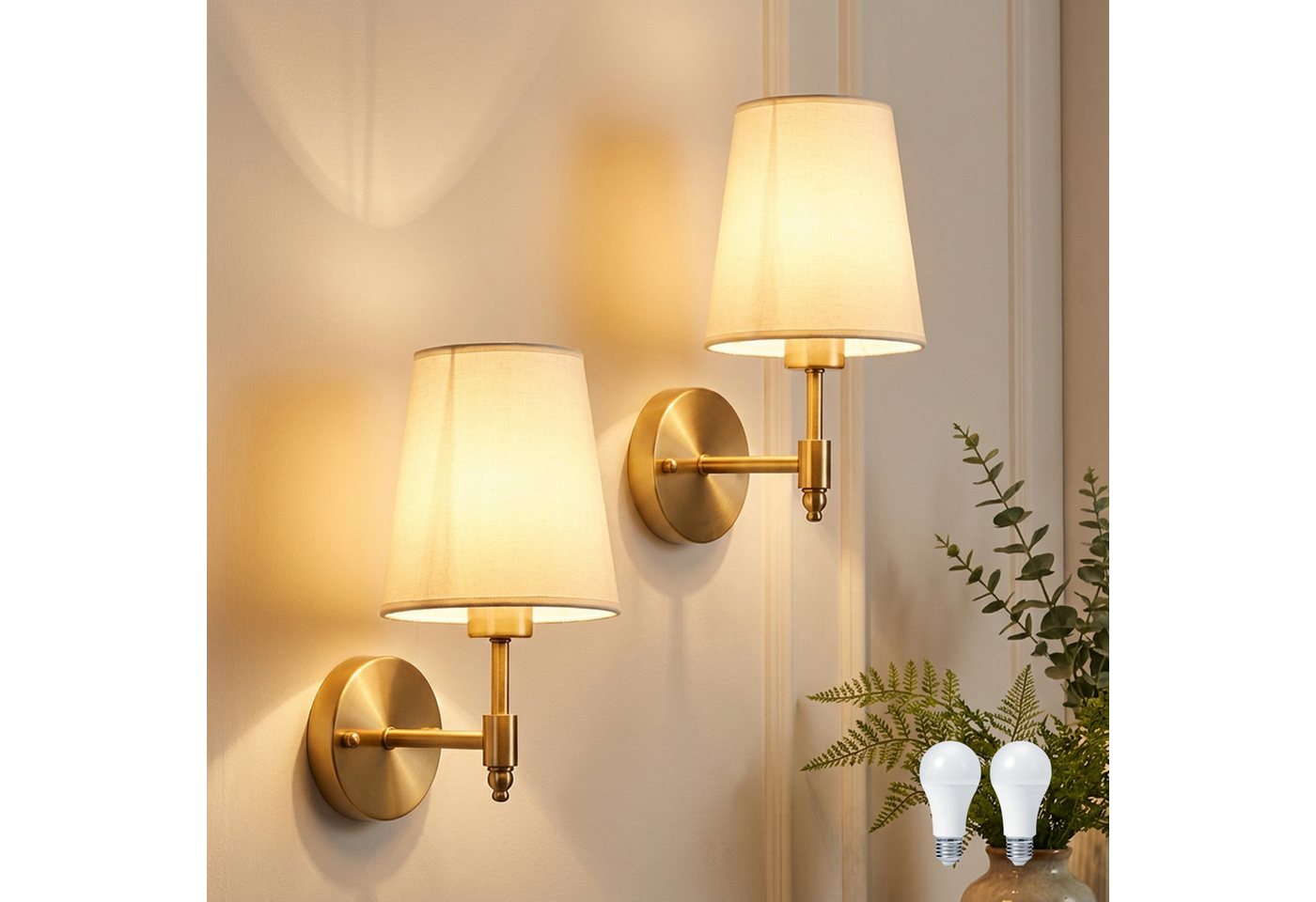 Lapalife Wandleuchte Wandlampe Innen Gold Vintage, mit Weißem Stoffschirm, 4W LED Birne, LED wechselbar, für Schlafzimmer Wohnzimmer Flur Treppenhaus Badezimmer