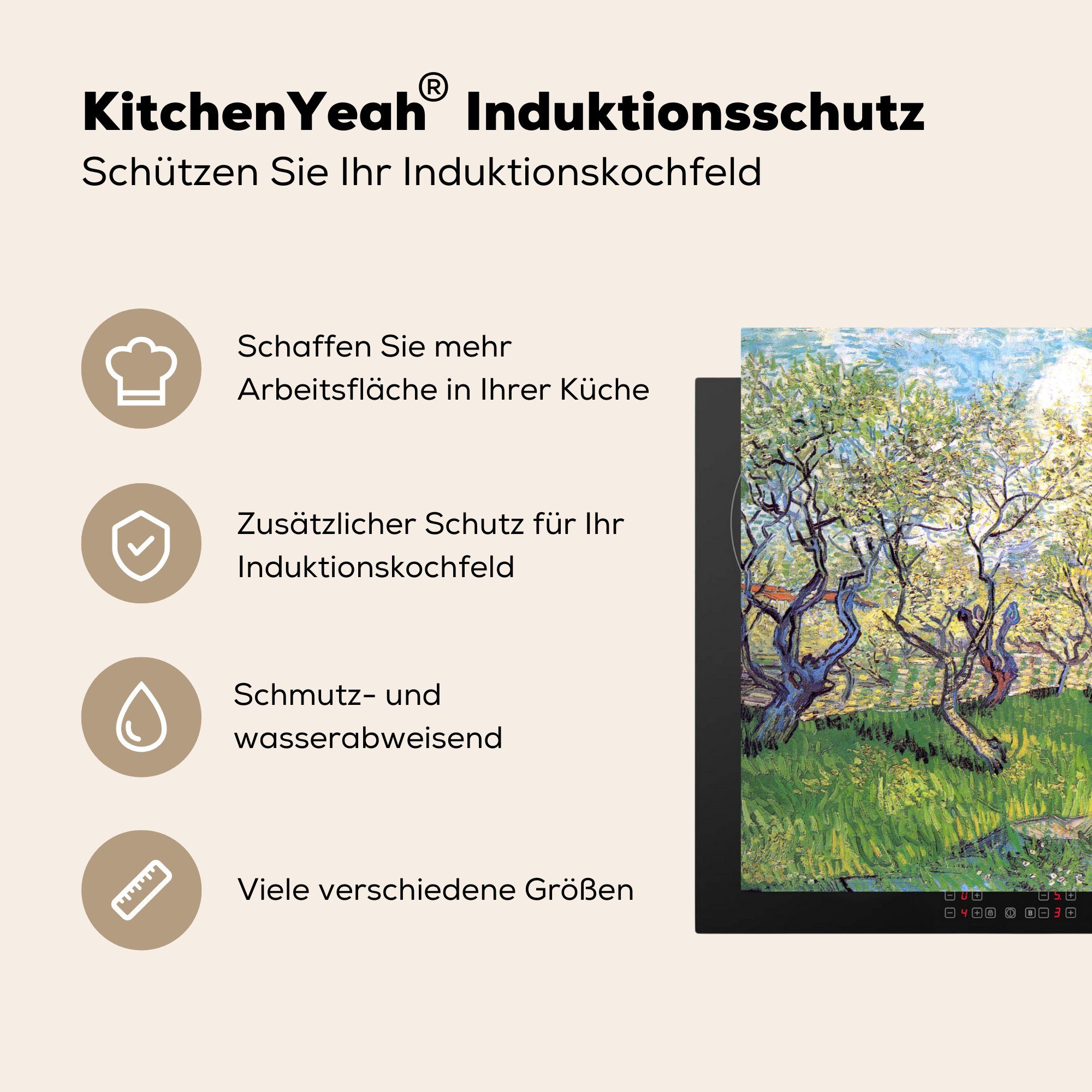 Obstgarten Gemälde für van Arbeitsplatte Ceranfeldabdeckung, Gogh, tlg), von Herdblende-/Abdeckplatte cm, Vinyl, mit Vincent Pflaumen 78x78 (1 blühenden MuchoWow küche -