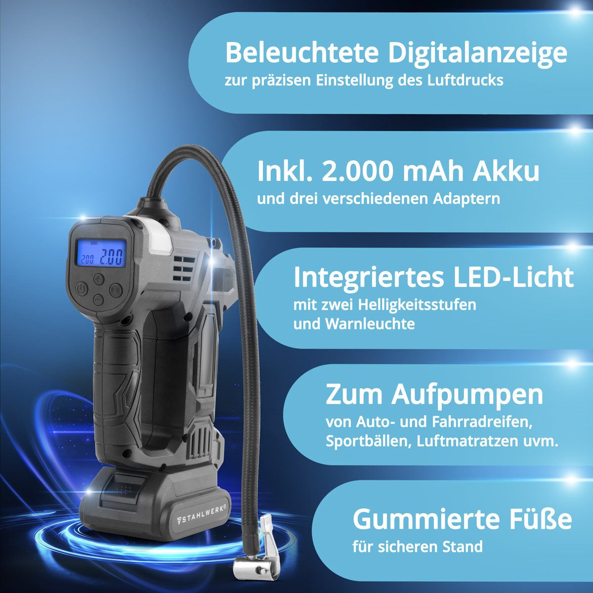STAHLWERK Kompressor Akku Druckluftkompressor 72 Watt Leistung und 2 Ah Akku, Set, 1-tlg., Set