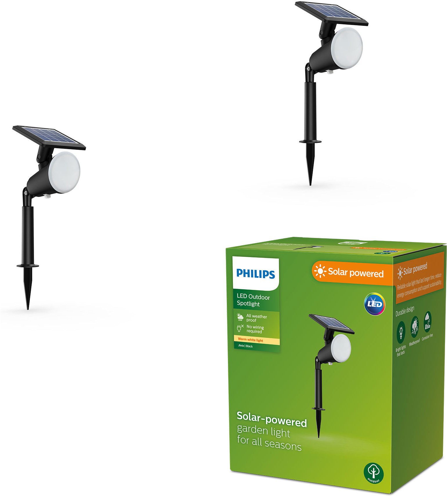 Philips LED Gartenstrahler 2er Pack Outdoor Solar Jivix Spotleuchte Spiess, Abschaltautomatik, Tageslichtsensor, LED fest integriert, Warmweiß, Tageslichtsensor, 2700 Kelvin, schwarz