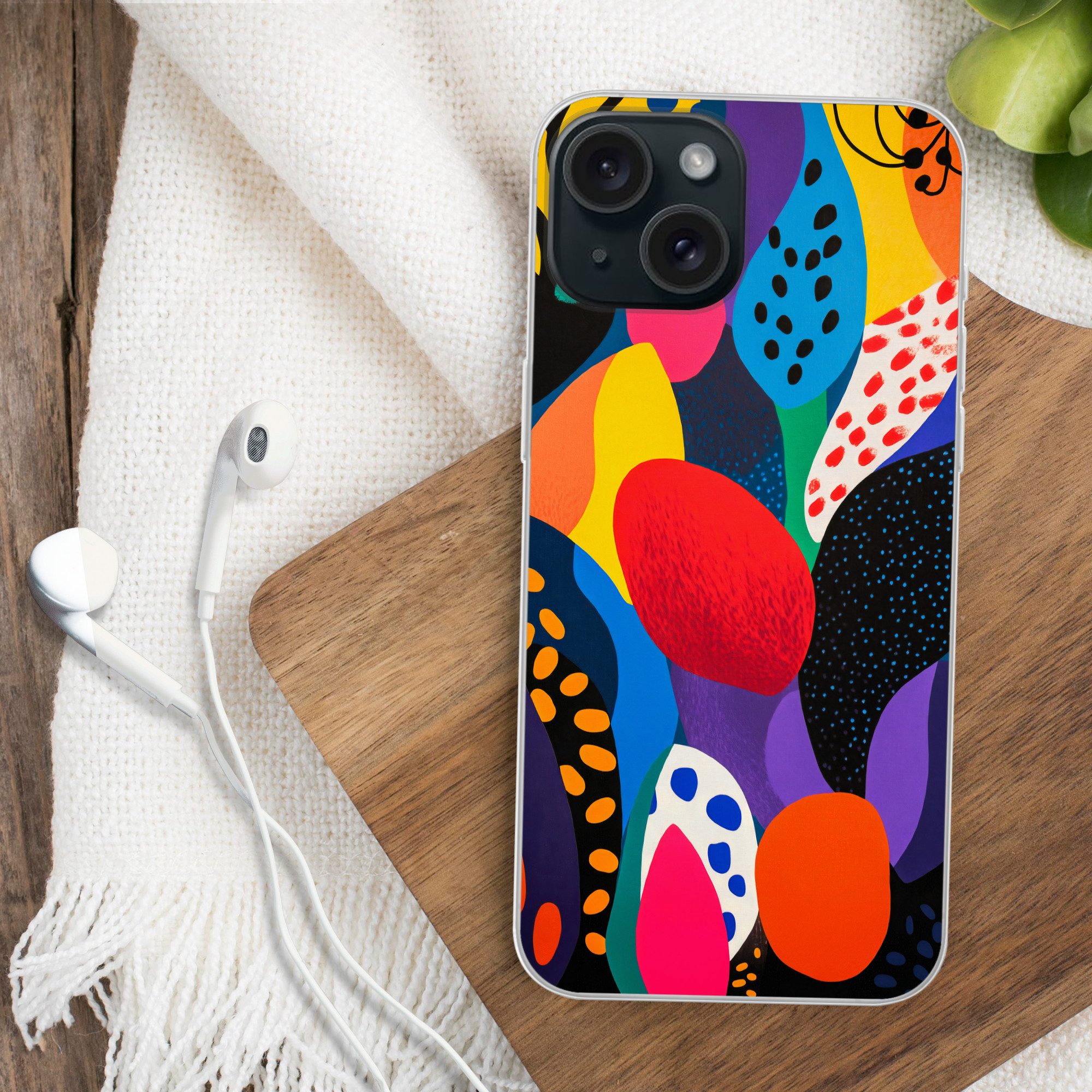 MuchoWow Handyhülle für Apple iPhone 15 Blumen - Blätter - Abstrakt - Rot, Smartphone-Bumper, Print, Handy Schutzhülle Dünn