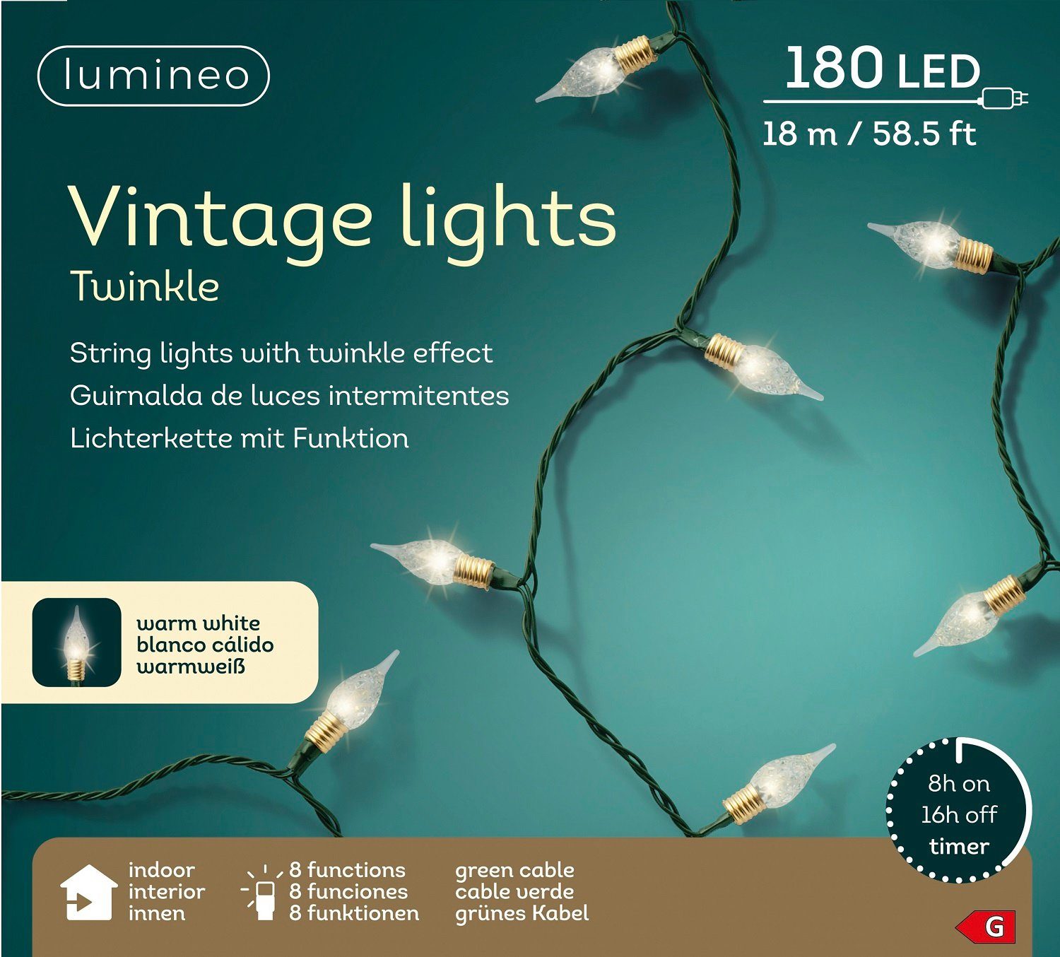Lumineo LED-Lichterkette Lumineo Lichterkette Twinkle 180 LED 18 m warm weiß, 8 Funktionen, Twinkle-Effect, Indoor, 8h-Timer
