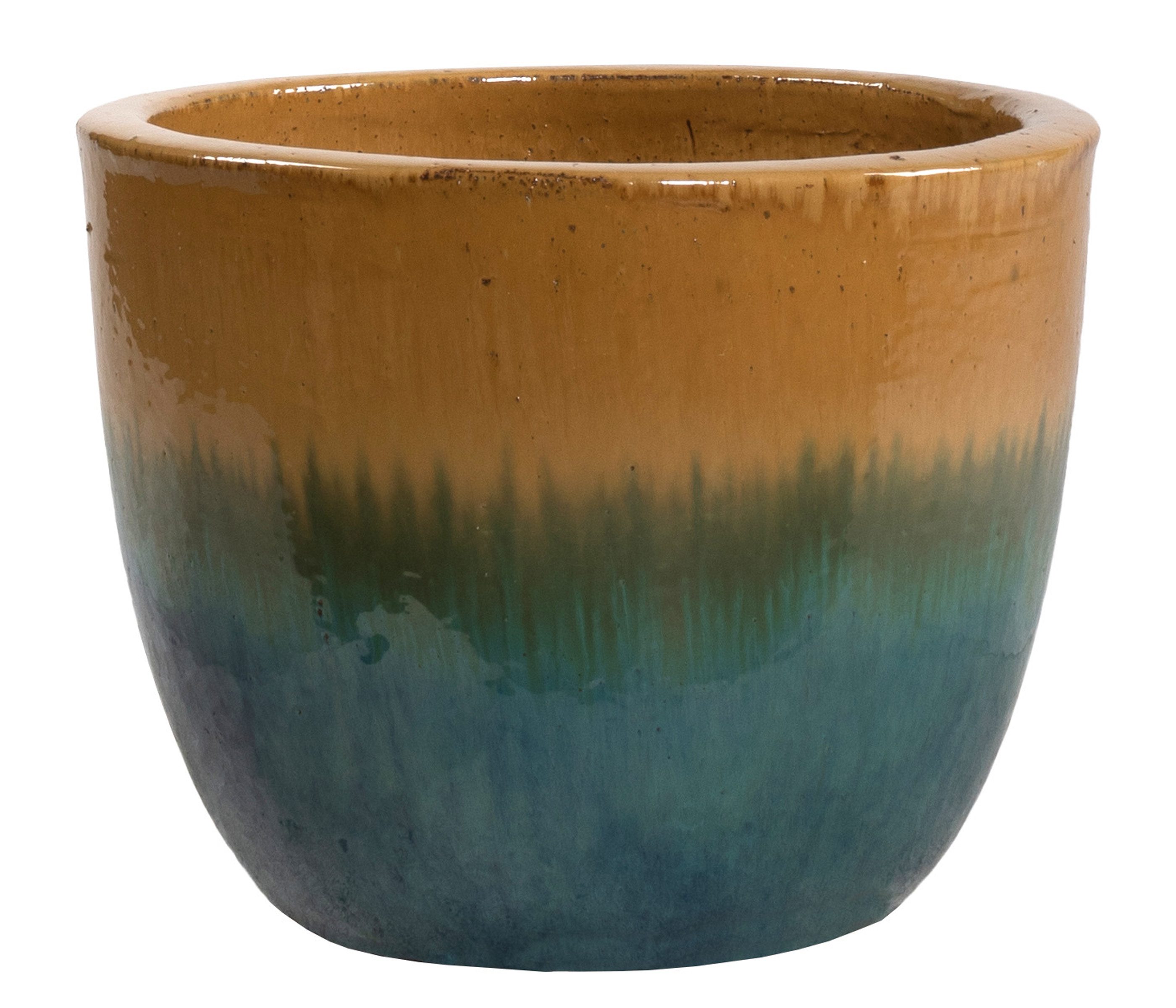 Dehner Sparta, rund, Keramik, Farbe terracotta / blau, handgefertigter Pflanzkübel für den Außenbereich, mit Bodenloch