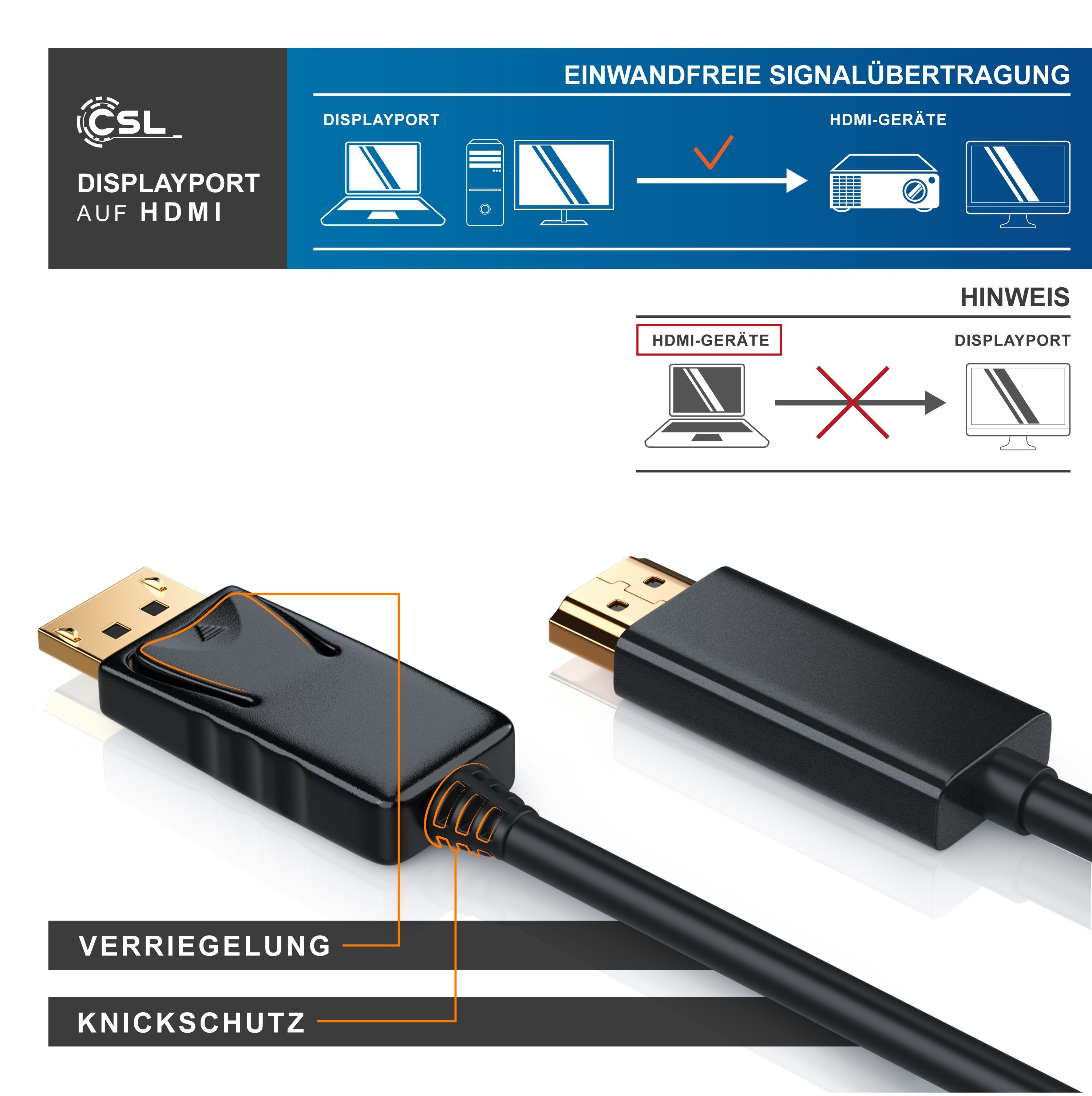 CSL DP Monitor Kabel mit Audioübertragung - 5m Audio- & Video-Kabel, DisplayPort, HDMI, (500 cm), für Gaming-Monitor und PC, flüssige, gestochen scharfe Bildwie – Bild 2 von 5