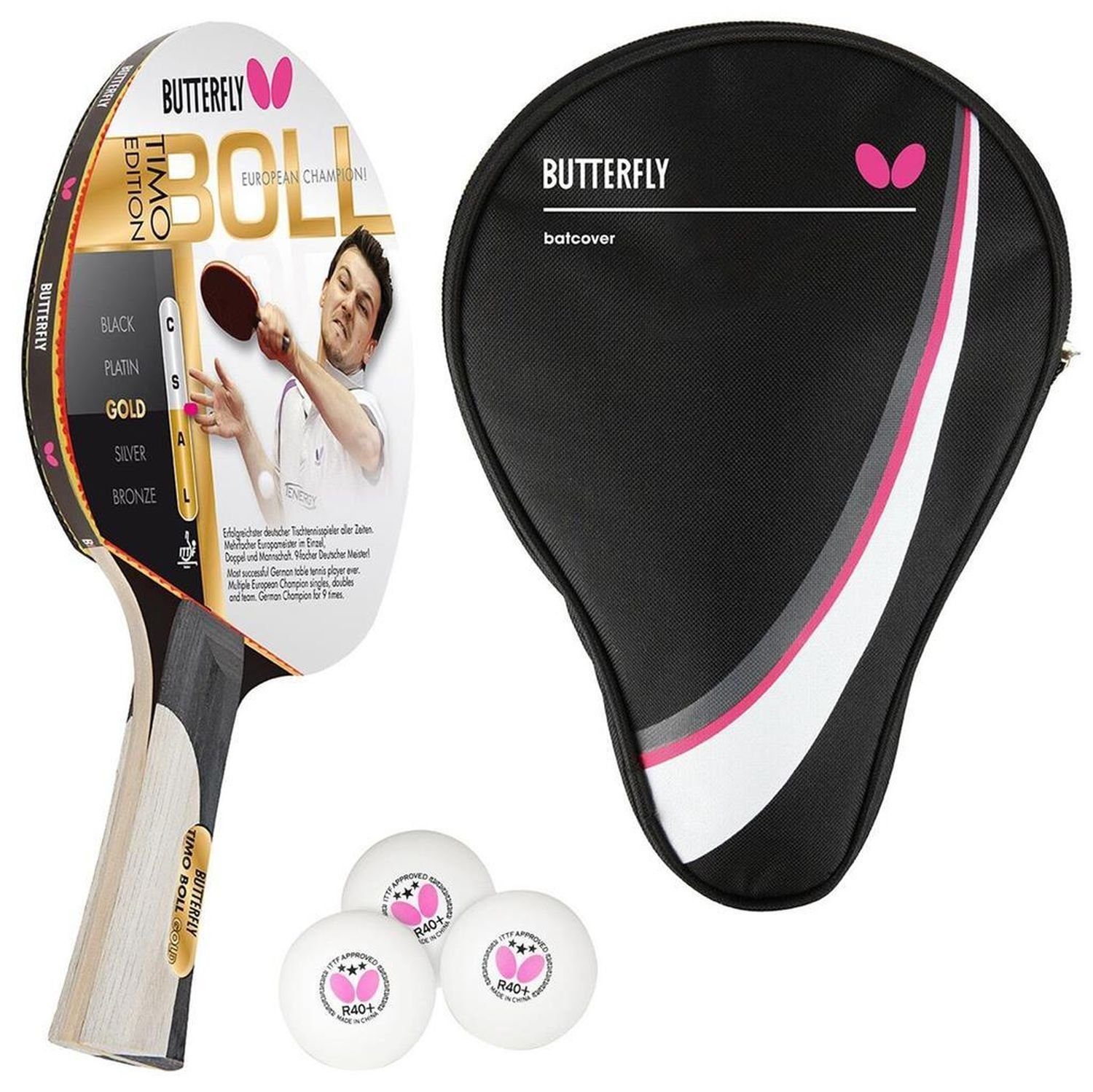 Tischtennisschläger 1x Timo Boll Gold 85020 + Drive Case 1 + Bälle